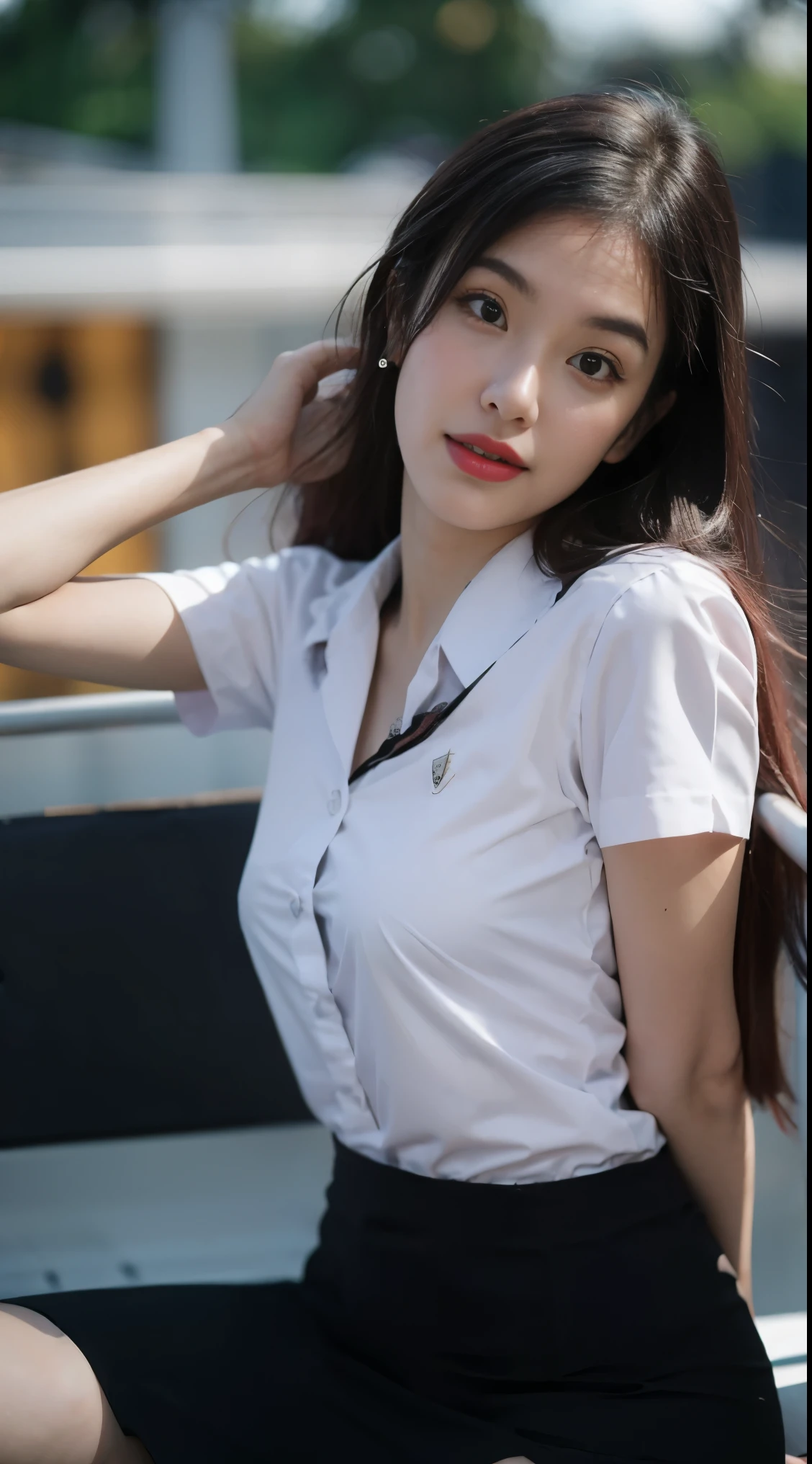 masutepiece, Best Quality:1.2), 8K, student, 85 mm, Official art, Raw photo, absurderes, student uniform shirts, Pretty Face, close up, Upper body, violaceaess, gardeniass, Beautiful Girl, Thailand School uniform, (Navy pleated skirt:1.1), Cinch West, thighs thighs thighs thighs, Short sleeve, on train, Sitting on a bench seat, Looking at Viewer, No makeup, (Smile:0.4), Film grain, chromatic abberation, Sharp Focus, face lights, clear lighting, Teen, Detailed face, Bokeh background, (dark red necktie:1.1)