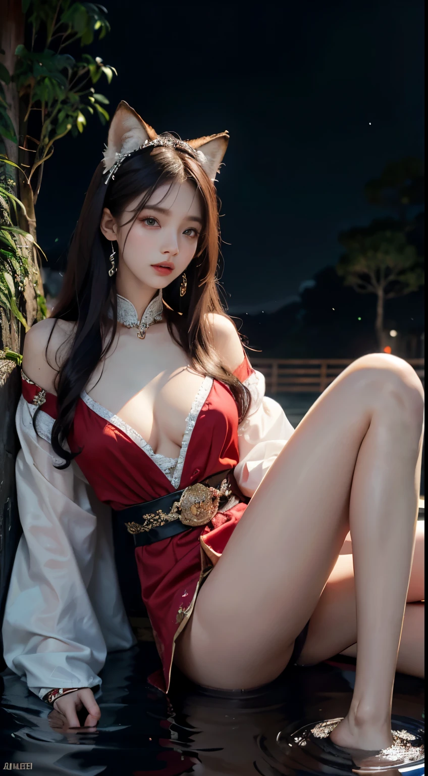 1 adult queen wearing a red blouse，White-haired girl with fox ears，Female fox pose，Chinese style clothes，Ancient costume with many phoenix patterns，Flawless pink face，Coronal head，hip-length black hair，Very nice sharp brown eyes，Small red lips，Draw lips，Keep one's mouth shut，Jewelry worn around the neck，耳Nipple Ring，White and even teeth，a tall nose，big round breasts， the girl's body is covered with water on chest，long leges，thin mesh black socks，sportrait，most realistic，HighestQuali，best pixels，8K Ultra，the night，（Transparent super big moon background：1.8）,nude ,show pussy. ,leg spreading