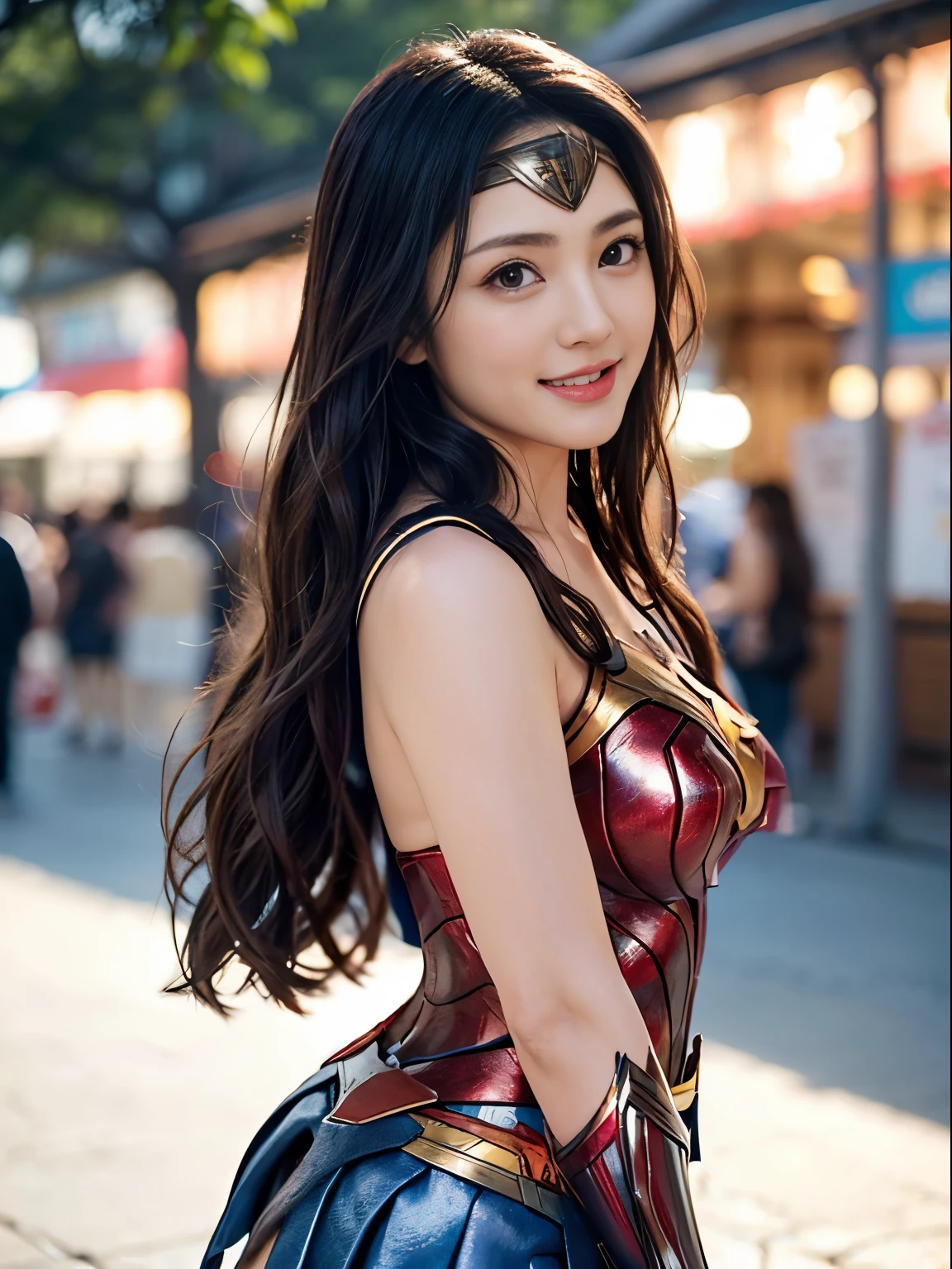 From the back,(cute face、Big eyes、long brown hair,(masterpiece)、super detailed、(highest quality:1.0)、( (NSFW))、 Smile,skirt、that woman is wonder woman、perfect wonder woman costume,Upper body,amusement park