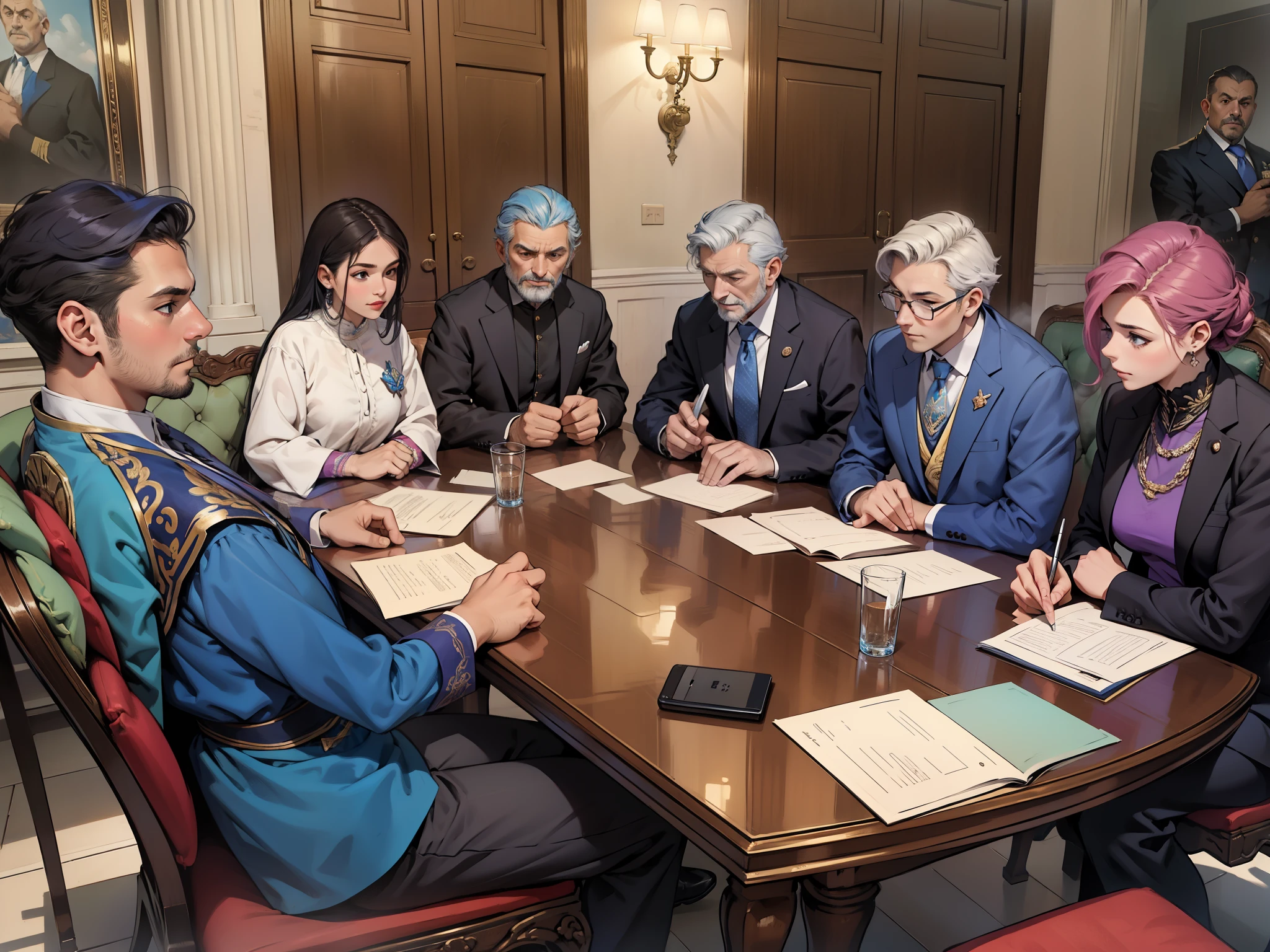 vista una camira de principe persa azul claroun frupo de personas del gobiernos reunidos estan tendiendo una trampa