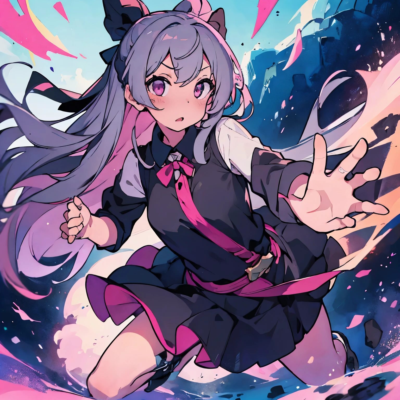 (high resolution, super detailed), 1 female, pink gray eyes, Pink gray long straight hair, Elegance, Black puffy off-shoulder dress, black shoes，Black neck ribbon，black earrings，A slightly surprised expression，Body falling from the air