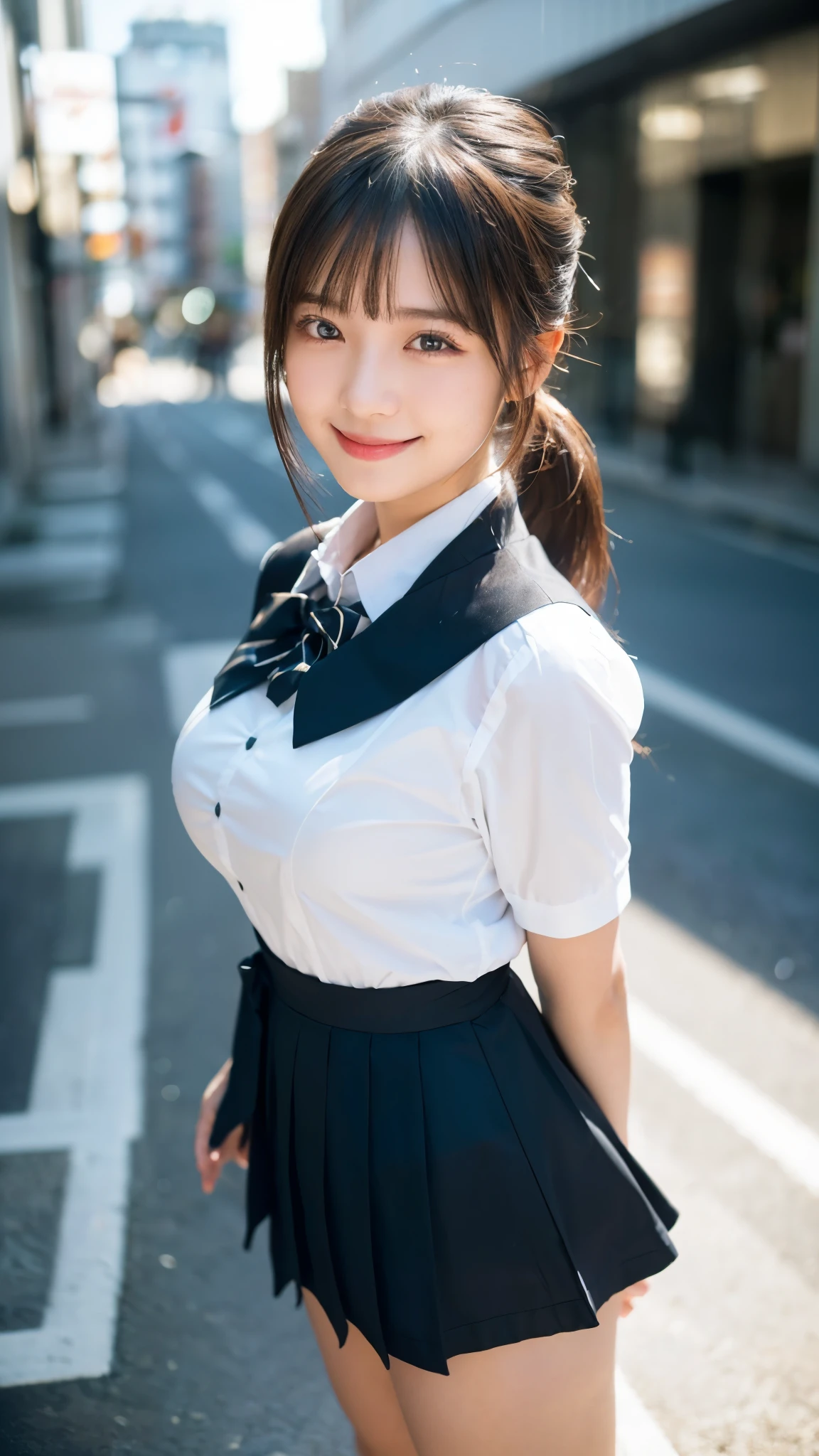 ((white short sleeve blouse、ultra mini pleated skirt、dark blue)), ((red tie))、 ((black boots))、((whole body esbion))、((side shot))、((、small and flat chest))、Beautiful girl with realistic black eyes, white skin, medium length black hair, perfect face, perfect eyes, very detailed, comprehensive movie, digital painting, 8K, cinematic lighting, highest quality, High resolution, detailed work, Post-processing, perfect results, surreal、Little dance、Frolic、My heart is excited