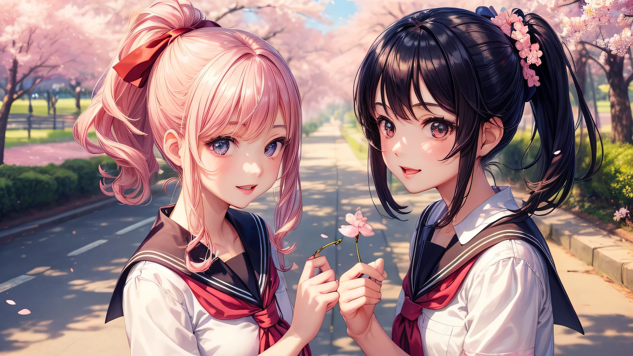 (2 girls:1.2), cute face, shining smile, ponytail, (school uniform, mini skirt:1.2), (highest quality: 1.4), (Super detailed), (highest quality:1.4), (super detailed), (cherry blossomsのトンネル in full bloom, cherry blossomsのトンネル), road, Day光, cherry blossoms, cherry blossoms,  Sunny, cloud, Day,  blue sky, (anime illustration), very high resolution, (Upper body), close up face