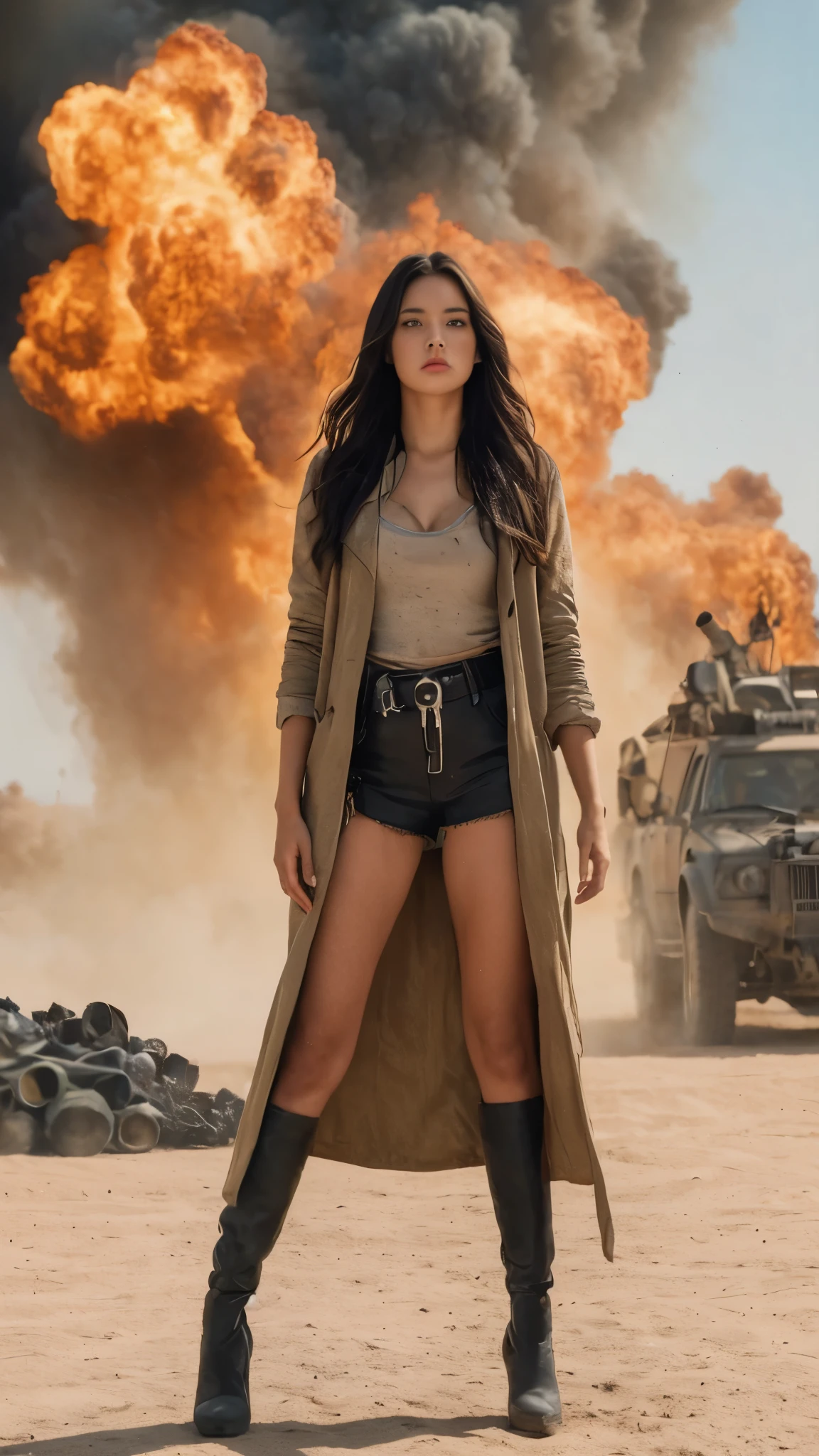 16K, Masterpiece, photorealism, Girl 25 years old, woman of a slender figure, a girl with dark long hair, she stands in a confident pose, sandy color palette, cinematic poster, in the background there is an epic explosion, puffs of smoke, mad max