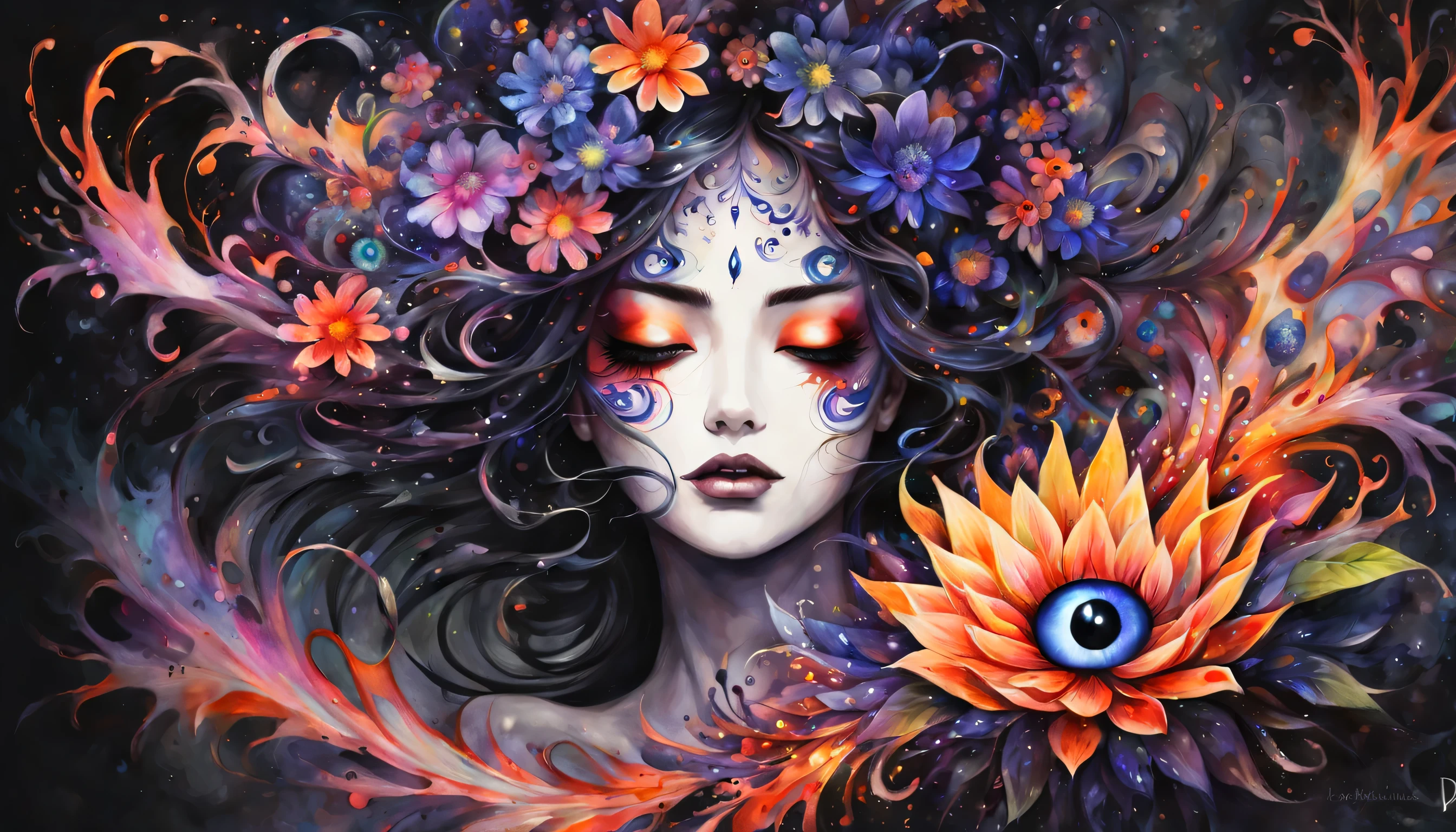 Watercolor paints, Dangerous girl&#39;position of the center of the entire body&#39;head of, dancing, evil eye flower,  with the darkest splash, Focusing on dark fantasy fractal flowers, high quality, 高層ビル 夜景 ネオン high quality 超高精細 サイバーパンク