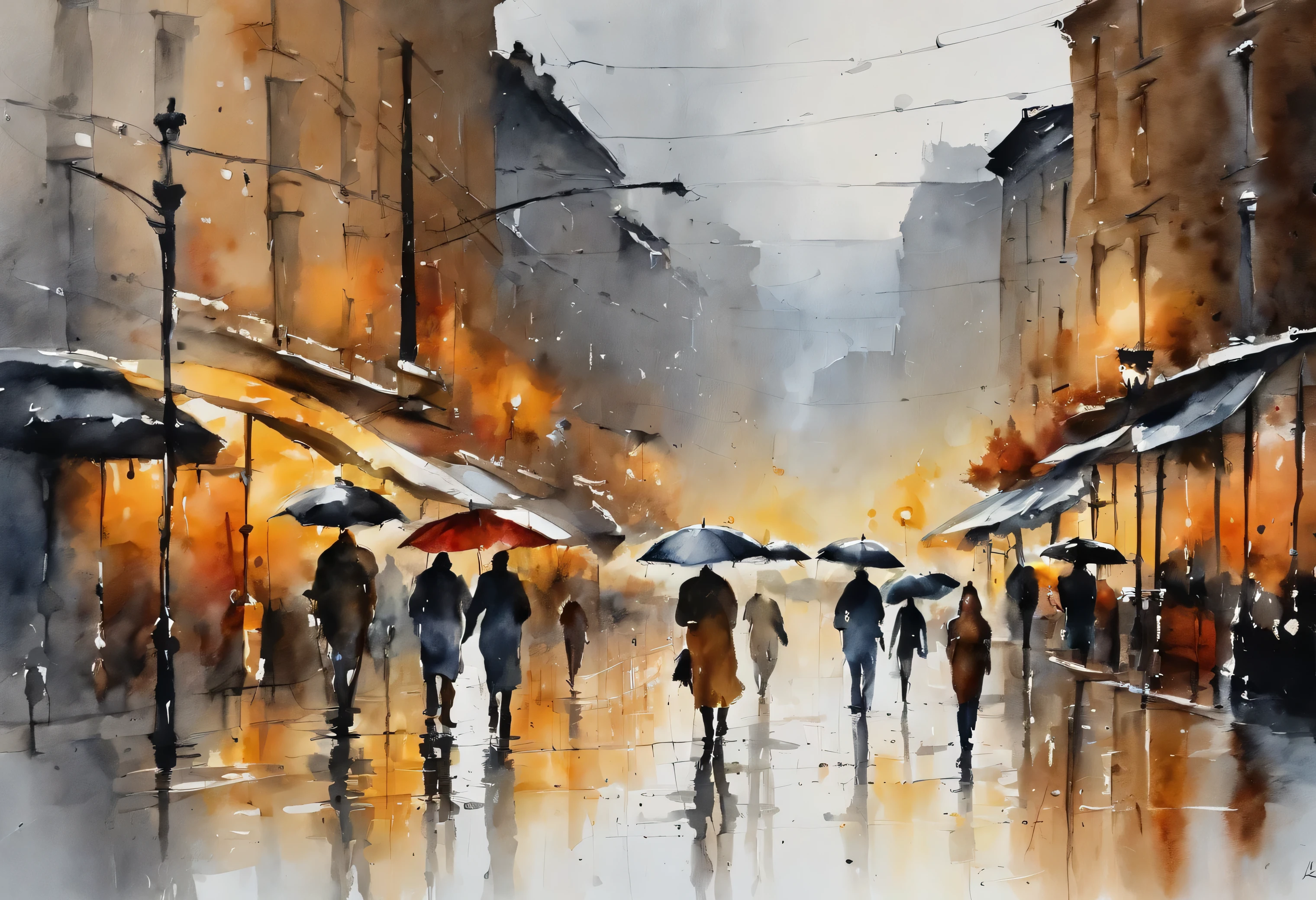 The image depicts people walking in the rain and is possibly a painting, sketch, drawing, or watercolor artwork. It captures an outdoor scene on a street during rainy weather, light grey and beige colors only
