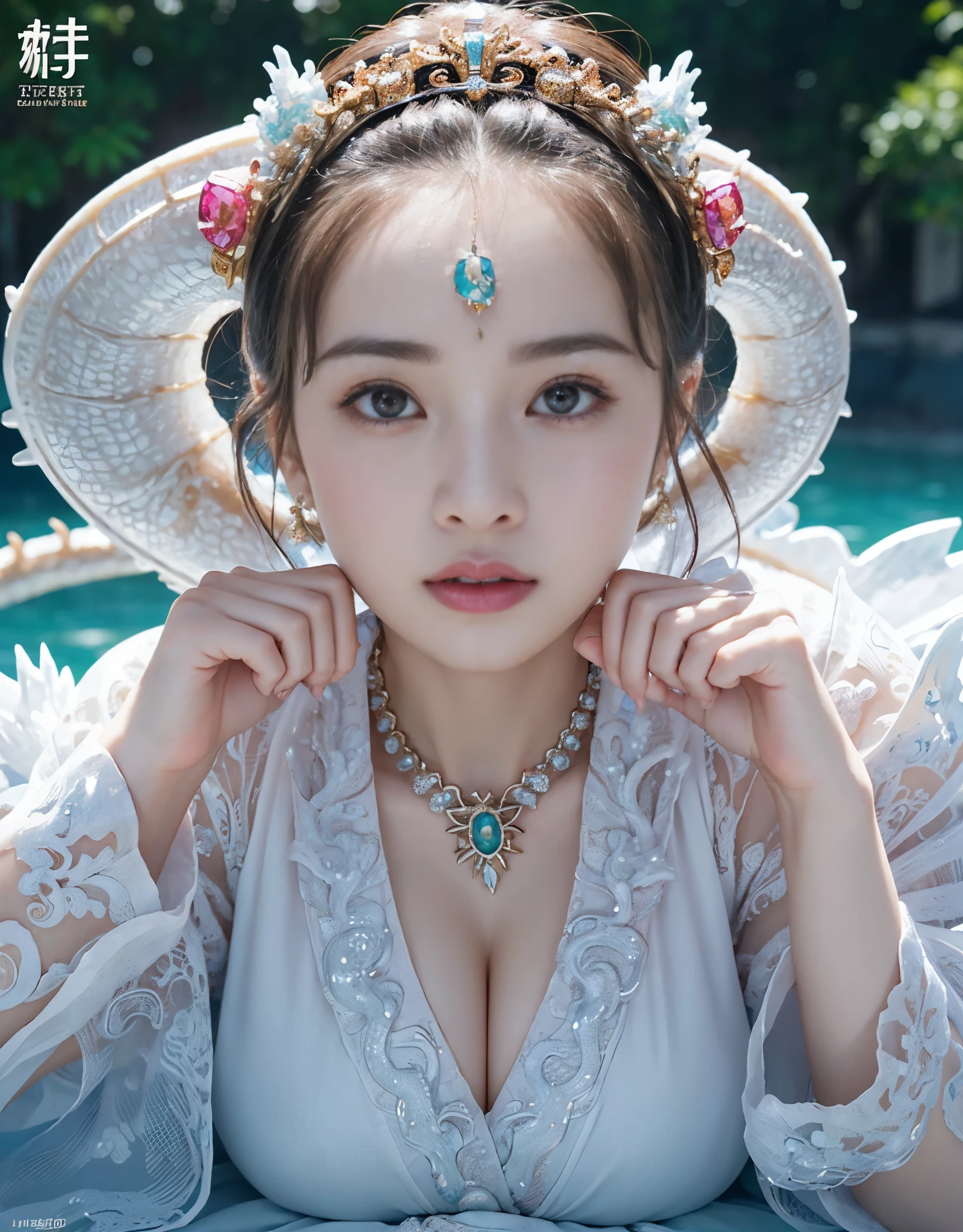 (very heavy chest)、highest quality、masterpiece、ultra high resolution、（ice dragon armor）、(((Metal製))),(((big breasts)))、(((Pink micro bikini with exposed details))),(she wears a beautiful crown made of precious stones.),(Photoreal:1.4)、RAW photo、1 girl、(((random hair))、(((color々take a pose)))、glowing skin、(((ice ice chinese dragon)))、intricate and gorgeous hair ornaments、（Looks like a gorgeous jewelry necklace）、（someone who looks at you calmly, Eyes like a goddess.）happiness:1.2).((beautiful sea background))、cliff、(ruins background)、((Ultra realistic details))、portrait、global illumination、（sexy pose）、Shadow、octane rendering、16k、big breasts、Raw skin exposed in the cleavage、Metal、intricate decorative details、Japan details、very intricate details、realistic light、CG Society Trenlow Eyes、Eyes shining towards the camera、（veil）、(((heavy big))),Shining eyes shine、armpit、24k,