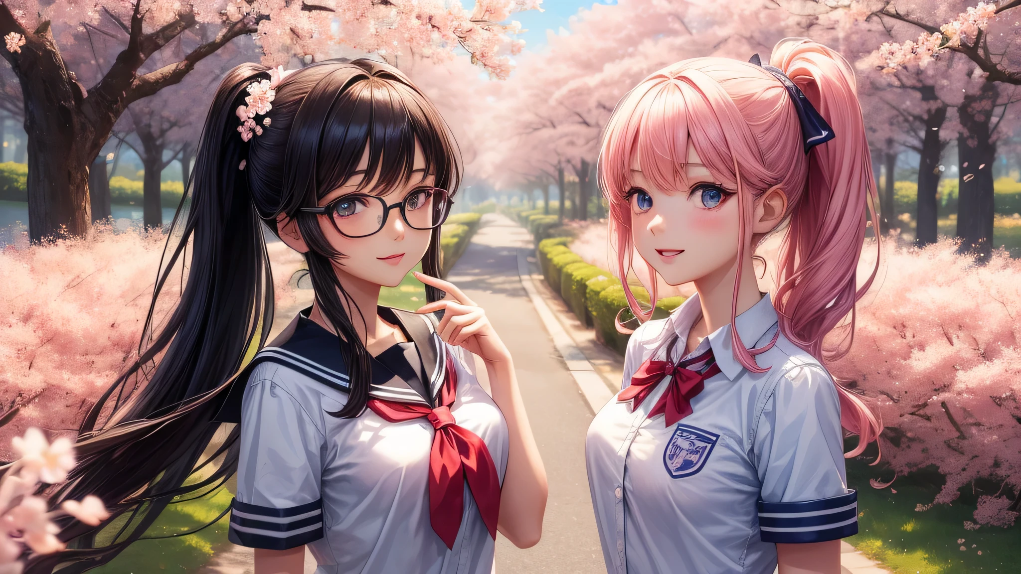 (2 girls:1.2), cute face, shining smile, ponytail, Glasses, (school uniform, mini skirt:1.2), (highest quality: 1.4), (Super detailed), (highest quality:1.4), (super detailed), (cherry blossomsのトンネル in full bloom, cherry blossomsのトンネル), road, Day光, cherry blossoms, cherry blossoms, Sunny, cloud, Day, blue sky, (anime illustration), very high resolution, (Upper body), close up face