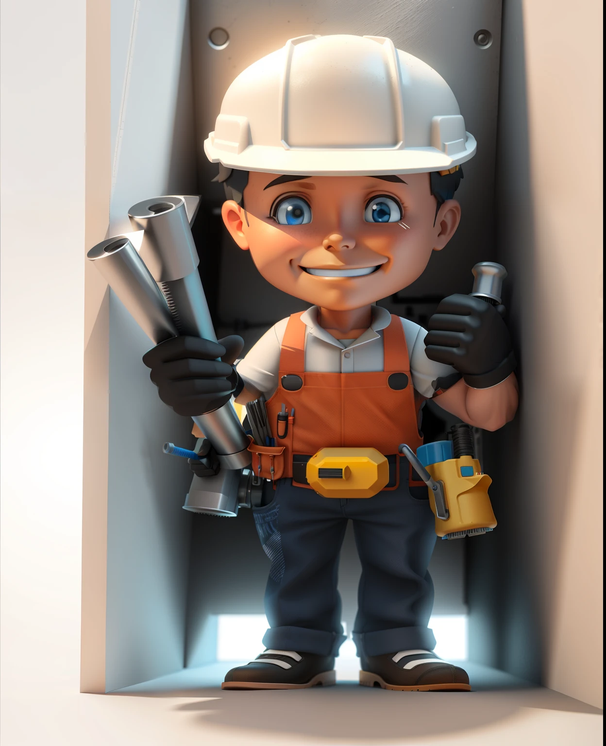 a cartoon put up worker holding a hammer and a pipe, Dressed as a plumber, a carpenter, professional illustration, And the handyman, cartoon illustration, Professional illustration, professional, Edited, put up, civil engineer, High quality illustrations, clip art, rendering, cartoon style illustration, complete equipment, full body illustration, Computer Aided Design, engineer, maintain, mechanical，3D，Three-dimensional，超级rendering