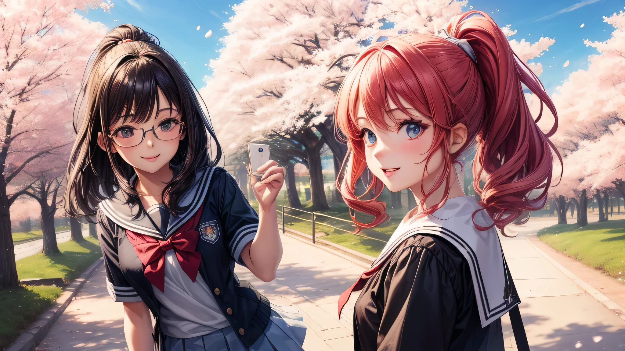 (2 girls:1.2), cute face, shining smile, ponytail, Glasses, (school uniform, mini skirt:1.2), (highest quality: 1.4), (Super detailed), (highest quality:1.4), (super detailed), (cherry blossomsのトンネル in full bloom, cherry blossomsのトンネル), road, Day光, cherry blossoms, cherry blossoms,  Sunny, cloud, Day,  blue sky, (anime illustration), very high resolution, (Upper body), close up face