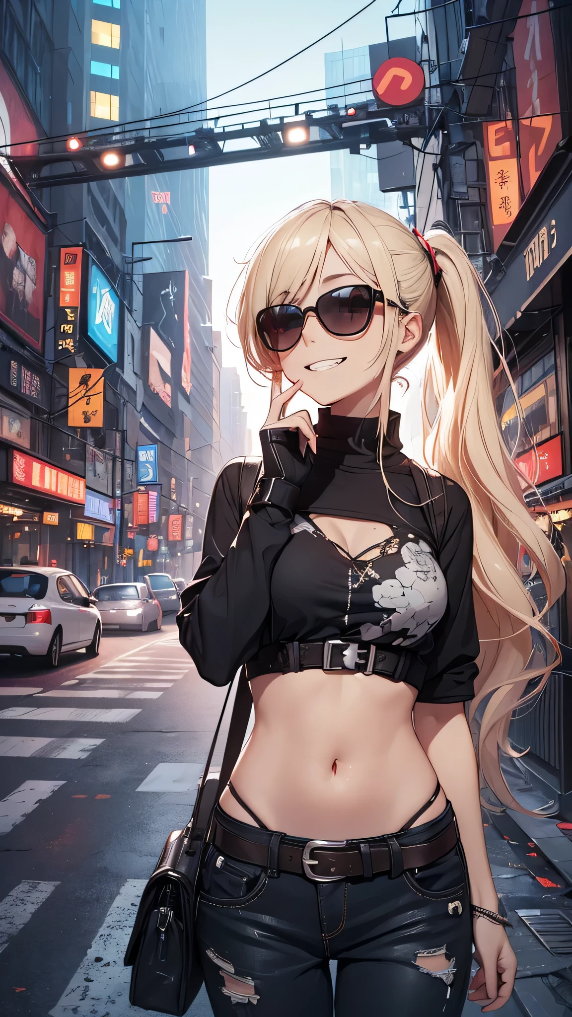 最high quality、best image quality、masterpiece、girl((20-year-old、 By becoming、vest bust、medium bust,wide open breast tea、shining eyes, blonde、long hair、thin,highest valley、ponytail、action of looking up、right arm bandage、Black shirt with wide open chest、berry shorts、cool pose、holding a black smartphone、Cyber Sunglasses、ride a cool bike、grin and laugh)),high quality、beautiful art、background((cyberpunk city、punk house))、Flight、debris flies、Depth of written boundary、movie、visual art、perfect art、8k,genuine、
