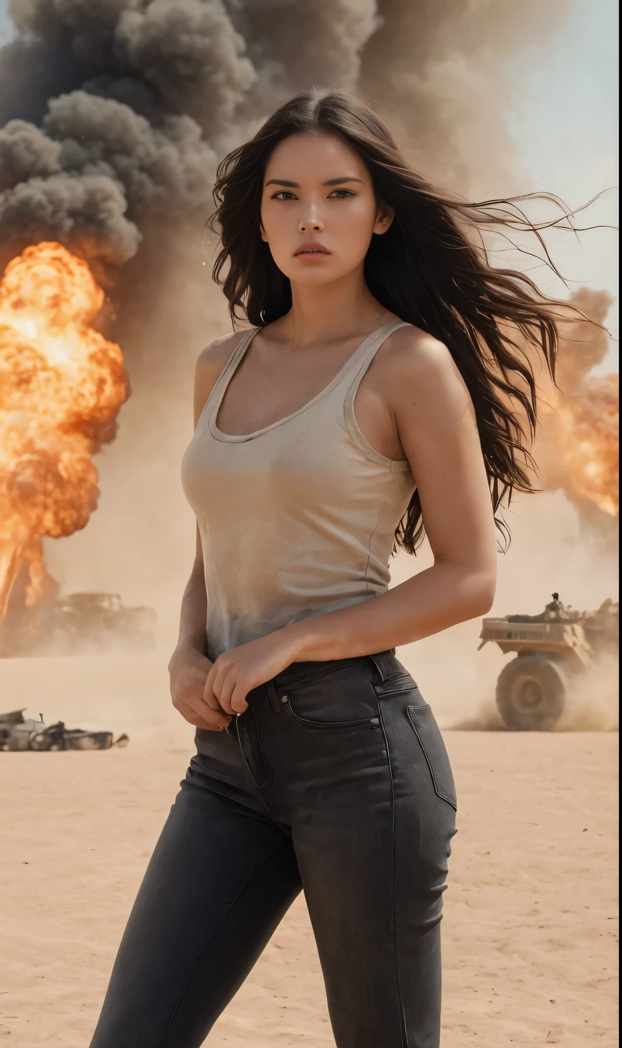 16K, Masterpiece, photorealism, Girl 25 years old, woman of a slender figure, a girl with dark long hair, she stands in a confident pose, sandy color palette, cinematic poster, in the background there is an epic explosion, puffs of smoke, mad max