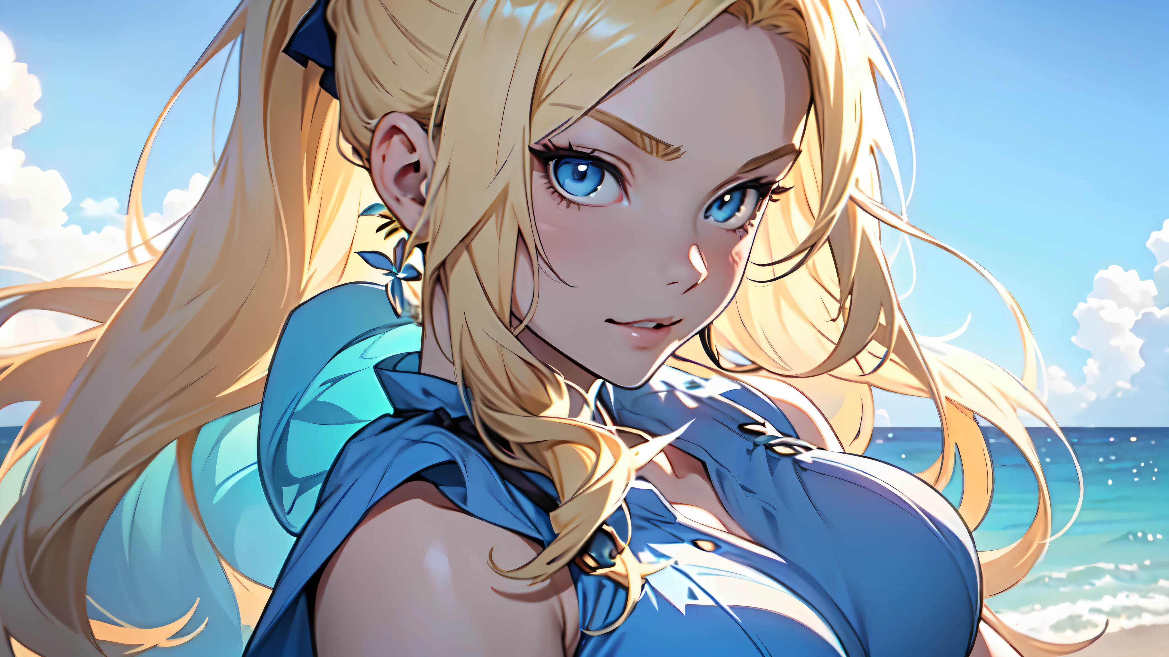 close up shot of a anime girl with long thin light blonde hair tied in a ponytail looking at the viewer with a seductive look, lips half open, dynamic pose, ((pale skin)), multicolored hair blonde and blue, blue eyes, (((wearing a cute summer dress))), (((big breasts))), blonde anime girl with long hair, white background