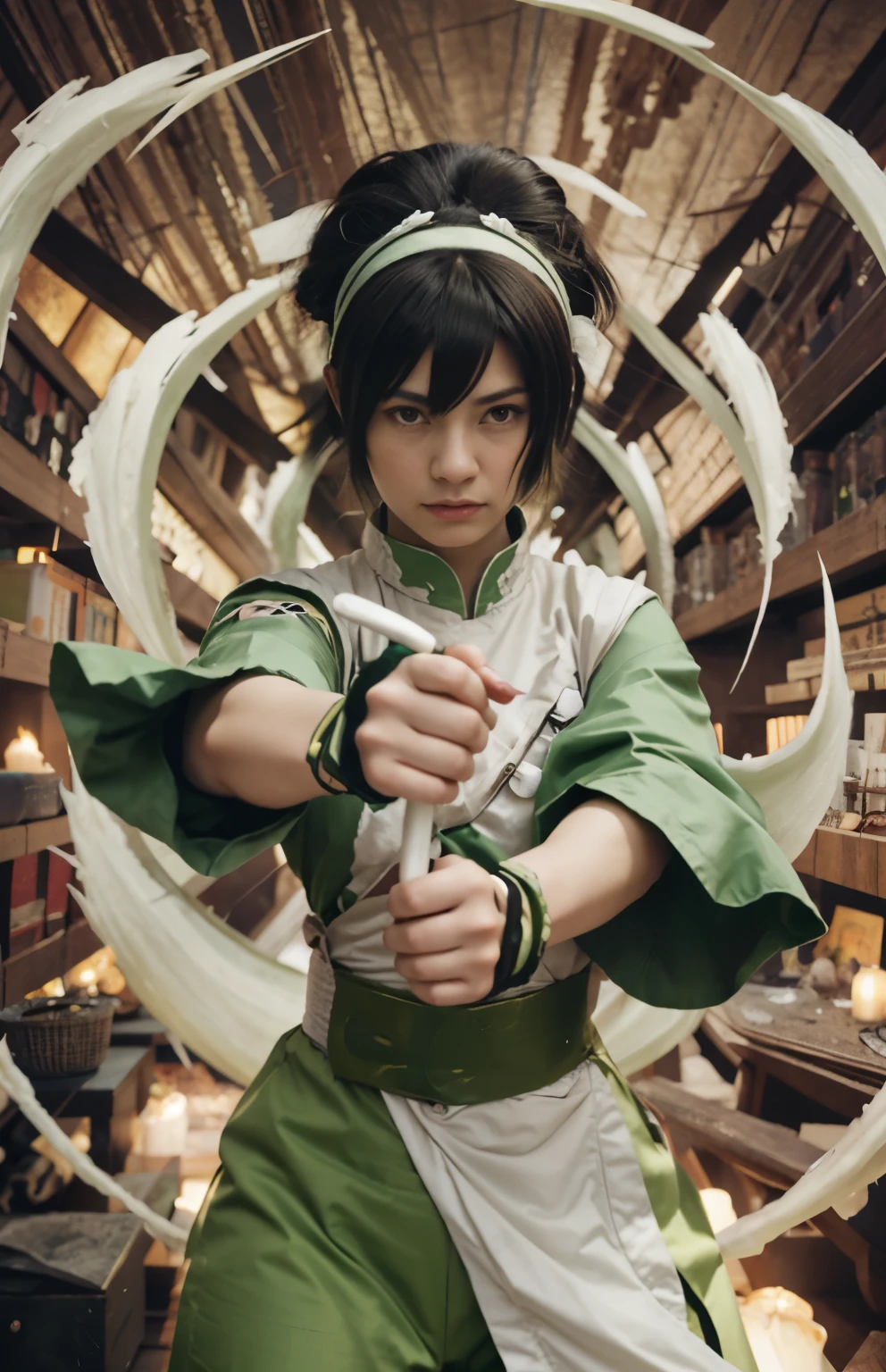 a girl in a green and white outfit holding a knife, toph bei fong, atla, akira from chinese mythology, avatar image, portrait of avatar korra, inspired by Chen Jiru, jin kagetsu, avatar the last airbender, girl hand, legend of korra, official art, hq artwork, anime cover, beautiful avatar pictures, female