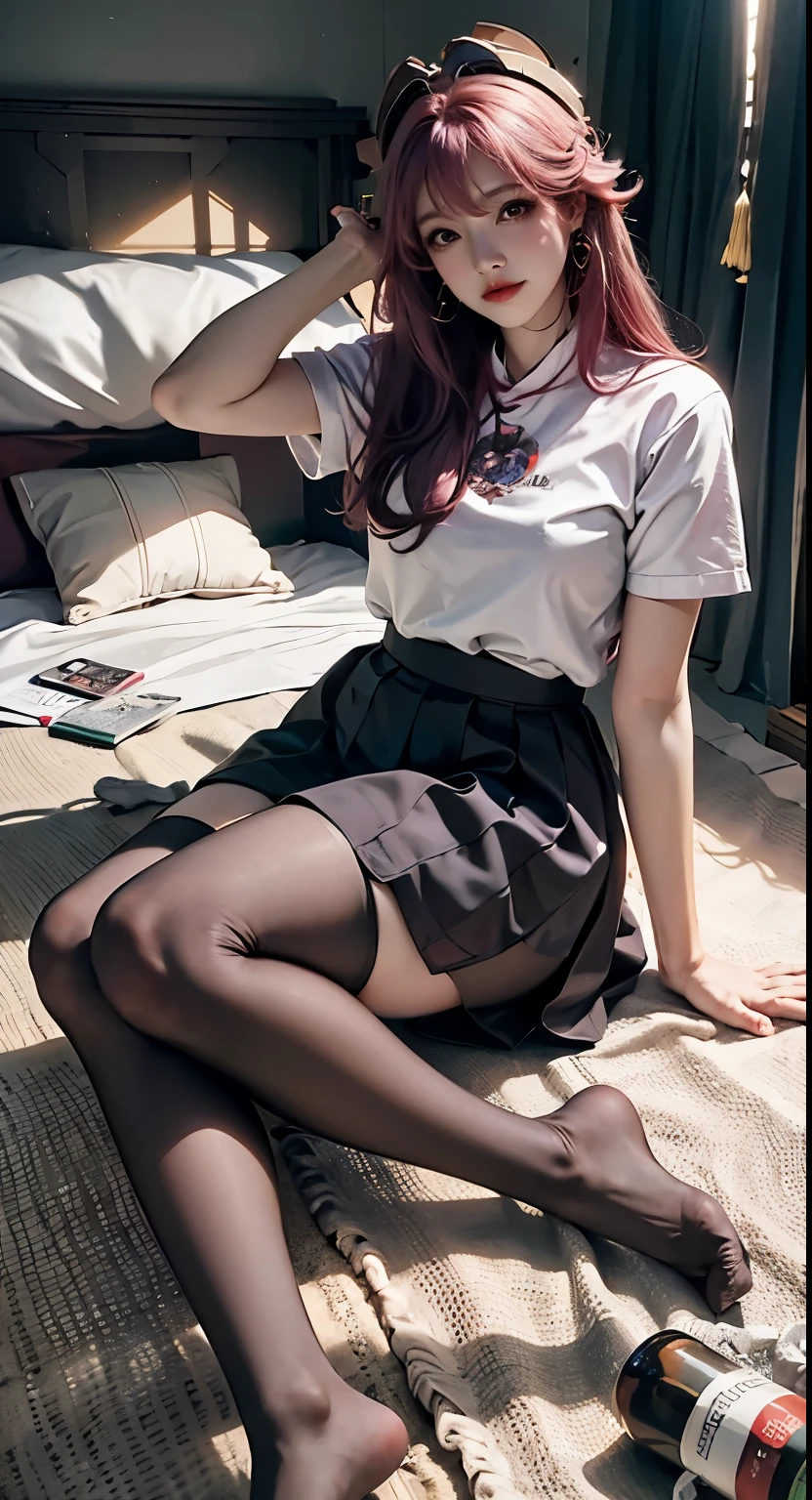 There is a woman sitting on the floor,Holding a bottle of beer in his hand, stockings and skirt, wear裙子 and high socks, pantyhose tights, korean girl, nylon tights, surreal , with black, wear着紧身简单的衣服, With natural light as background, wear, wear裙子, pretty face,arms and legs, tights, tights,pink hair,purple eyes,huge
