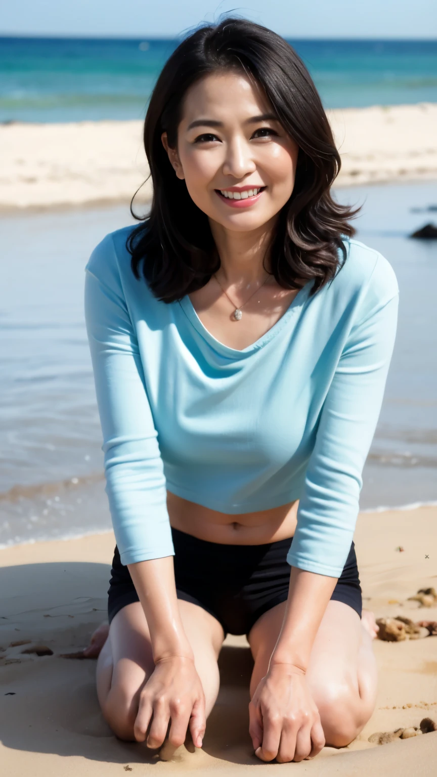 ((highest quality、8k、masterpiece:1.3))、sharp focus, High level image quality, High resolution, portrait, alone, Japanese, middle-aged women, beautiful woman, 50 years old, wavy hair, big t-shirt, beach, dark makeup, wrinkles around the eyes, bewitching look, Wet, barefoot、belly button、mouth is open、laughter、sandy beach、small breasts、Have fun、bob hair、necklace、wedding ring、leaning forward、close the chest、Datchno's pose