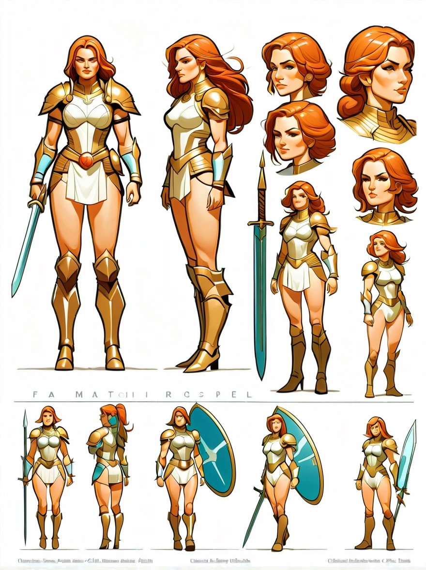 （character design sheet:1.5），whole body，1 mighty female warrior，（Orderly rows：1.2，spaced apart：1.2，No overlap：1.2），clear lines，clean background，White background