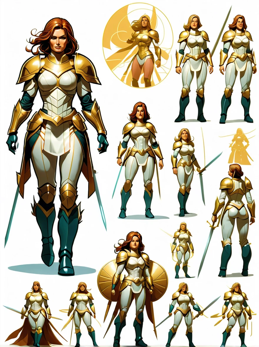 （character design sheet:1.5），whole body，1 mighty female warrior，（Orderly rows：1.2，spaced apart：1.2，No overlap：1.2），clear lines，clean background，White background