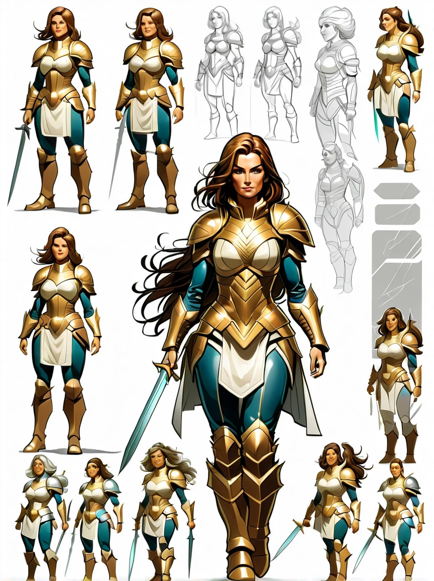 （character design sheet:1.5），whole body，1 mighty female warrior，（Orderly rows：1.2，spaced apart：1.2，No overlap：1.2），clear lines，clean background，White background