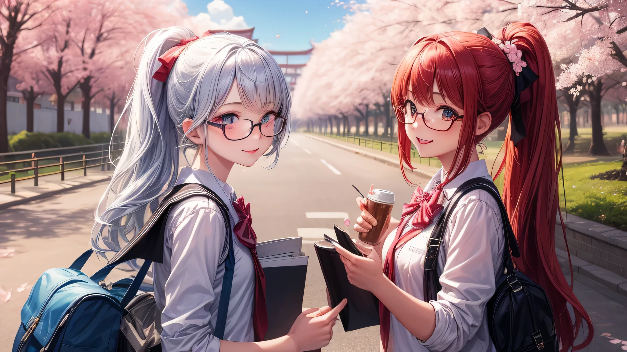 (2 girls:1.2), cute face, shining smile, ponytail, Glasses, (school uniform, mini skirt:1.2), (highest quality: 1.4), (Super detailed), (highest quality:1.4), (super detailed), (cherry blossomsのトンネル in full bloom, cherry blossomsのトンネル), road, Day光, cherry blossoms, cherry blossoms, Sunny, cloud, Day, blue sky, (anime illustration), very high resolution, (Upper body), close up face