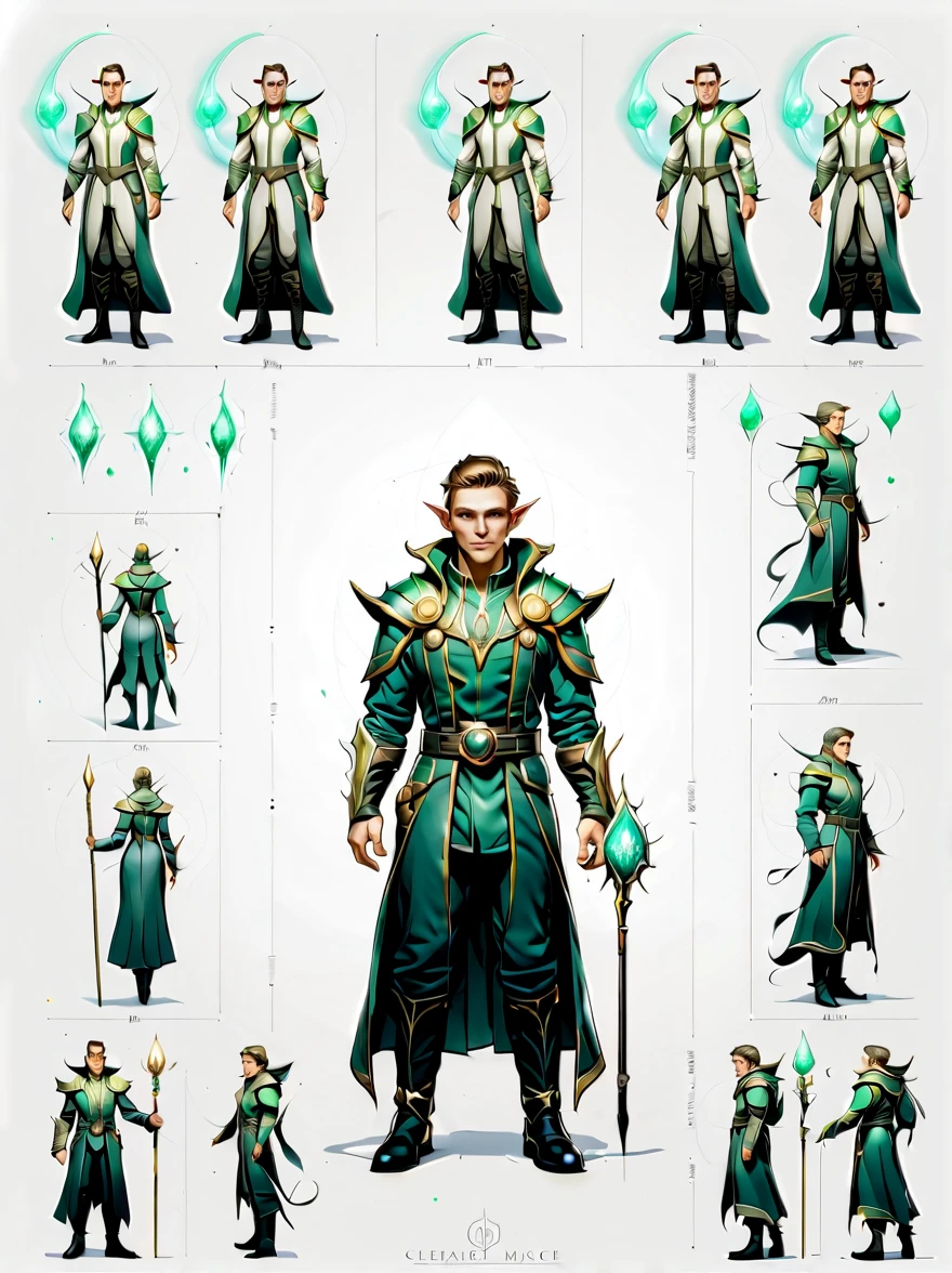 （character design sheet:1.5），whole body，1 mysterious elf mage，（Orderly rows：1.2，spaced apart：1.2，No overlap：1.2），clear lines，clean background，White background