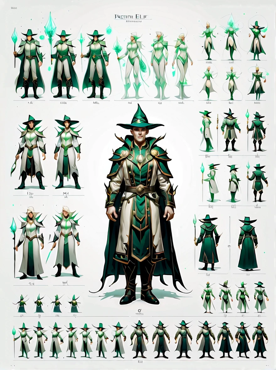 （character design sheet:1.5），whole body，1 mysterious elf mage，（Orderly rows：1.2，spaced apart：1.2，No overlap：1.2），clear lines，clean background，White background