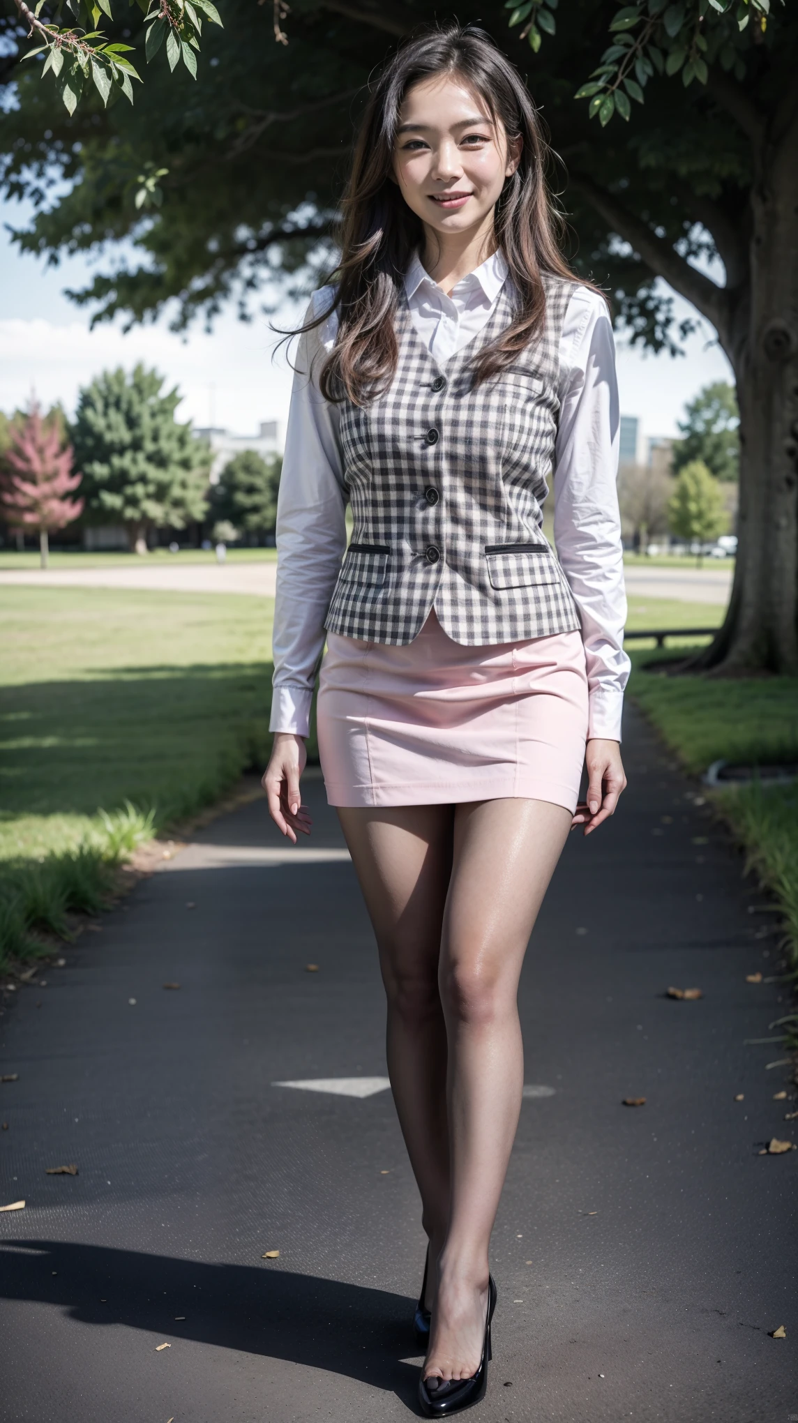ulzzang-6500-v1.1, (RAW photo:1.2), (Photoreal), (genuine:1.4), (muste piece), 1girl、perfect anatomy、48 years old、look at the camera、medium long hair、plaid vest、((walk in the park:1.1))、(super realistic pantyhose:1.2), (high heels)、(business services)、((full body shot:1.2))、(very kind smile:1.2)、