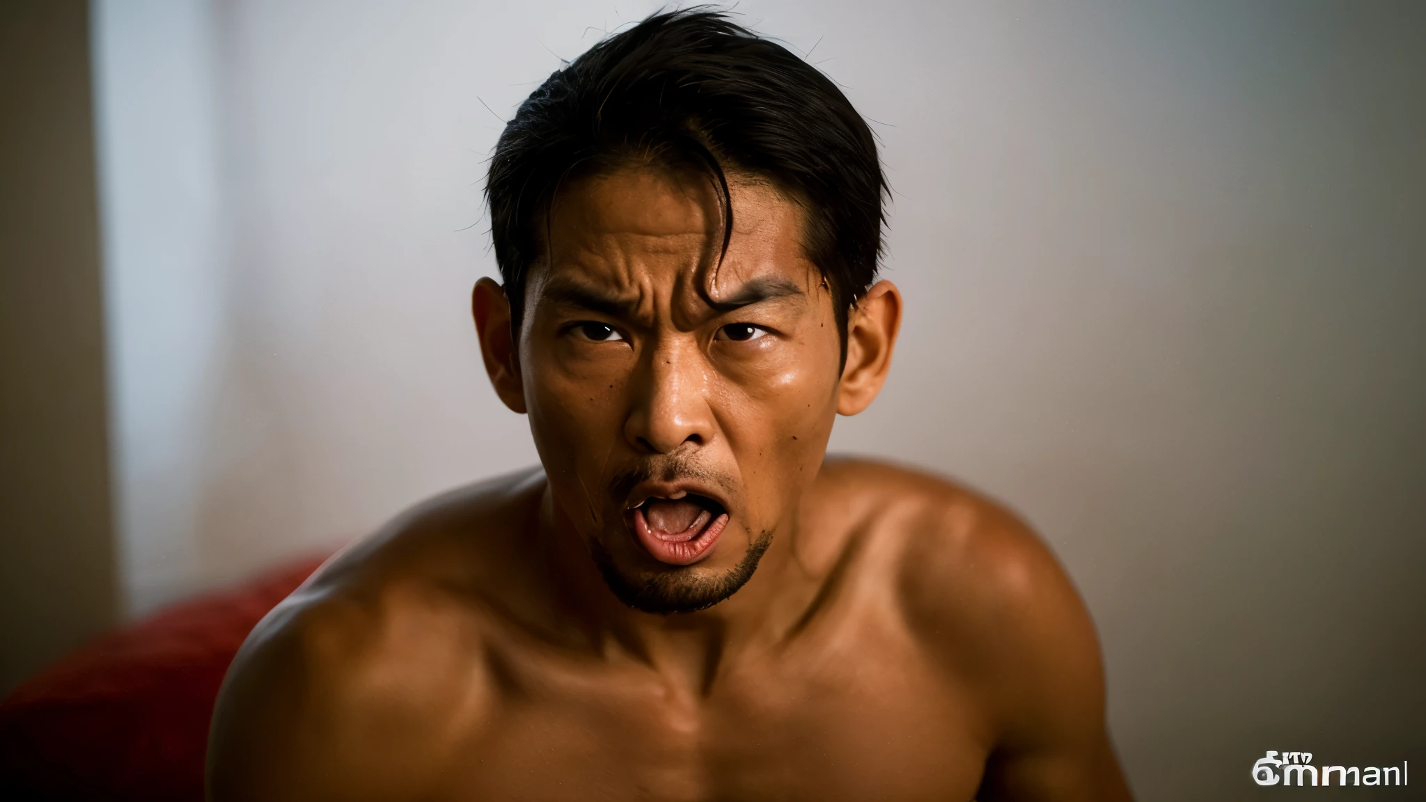 A thin Thai man makes an angry face in the room.
