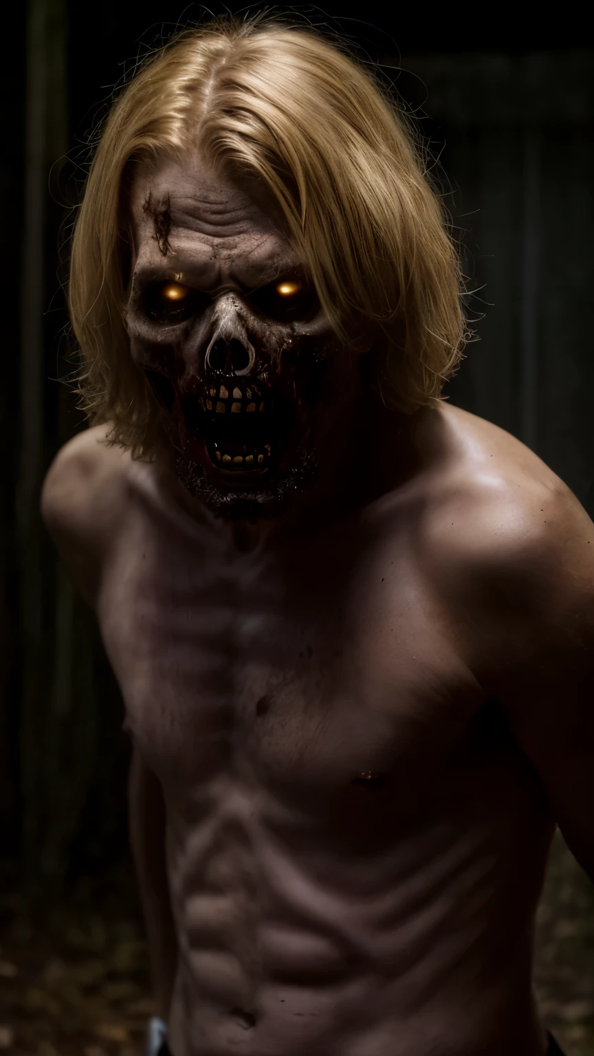(masterpiece, best quality:1.2), ((RAW photo, Best quality)), (Realistic, photo-realistic:1.2) a evil zombie, blond, hottinig, horror, creepy, night, ((White eyes)). Horror, creepy, night, (((White eyes))), angry. ((( Exposed brain))), ((Pale or greenish skin)), wounds, empty eyes, torn clothes, slow movements, guttural noises, aggressive and cannibalistic behavior. Cinematic lighting.