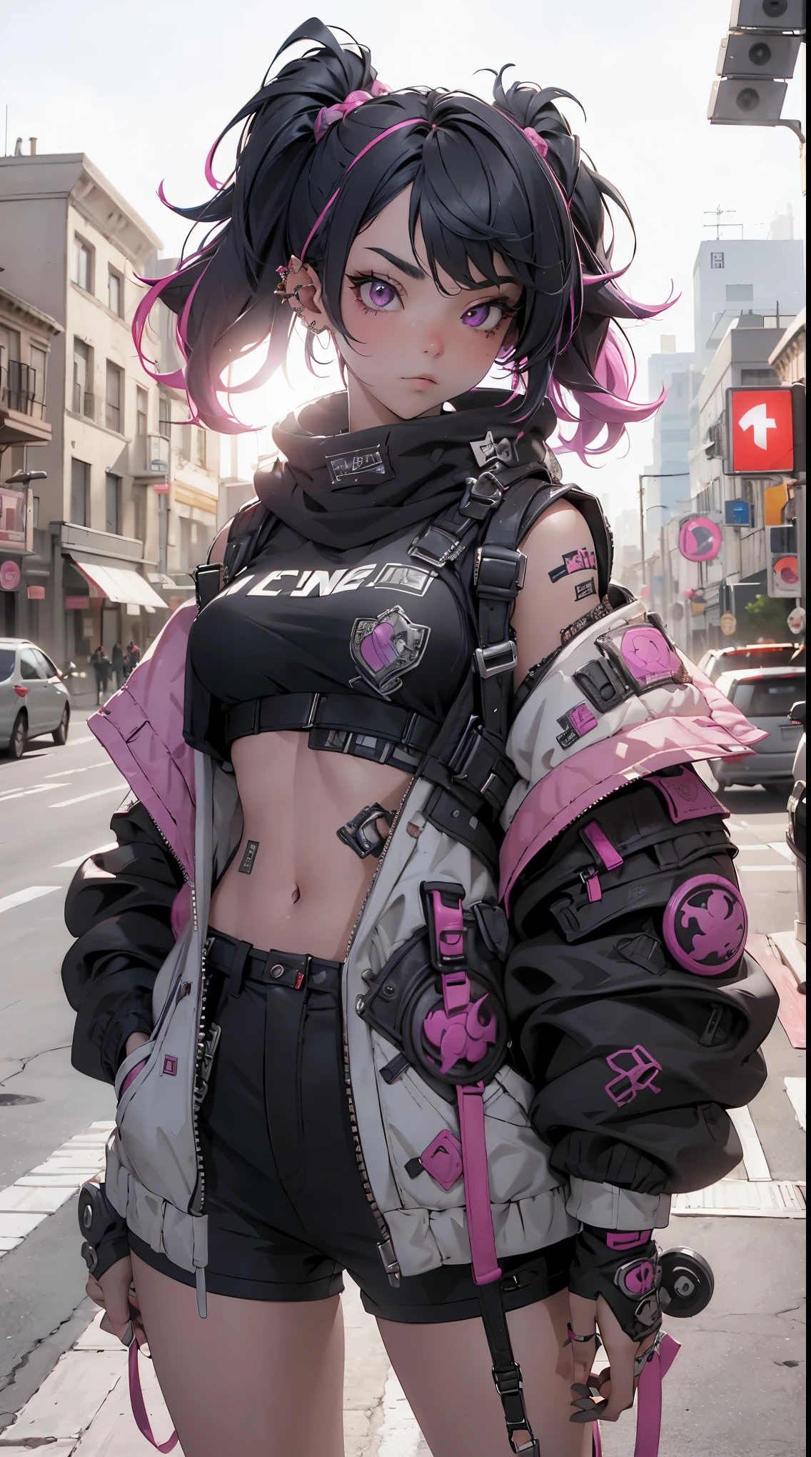 (highest quality、8k、32K、masterpiece、nffsw:1.3)、(Photoreal:1.4),(Low - Angle,Looking down 1.5)18-year-old punk girl,eccentric punk hair,((black and red punk fashion 1.5)),clothes with studs、pink haired,Wacky makeup、night city background,Glare of street lamps、Lens flare、Depth of the bounds written,blurred background,,,,,,,,,,,,