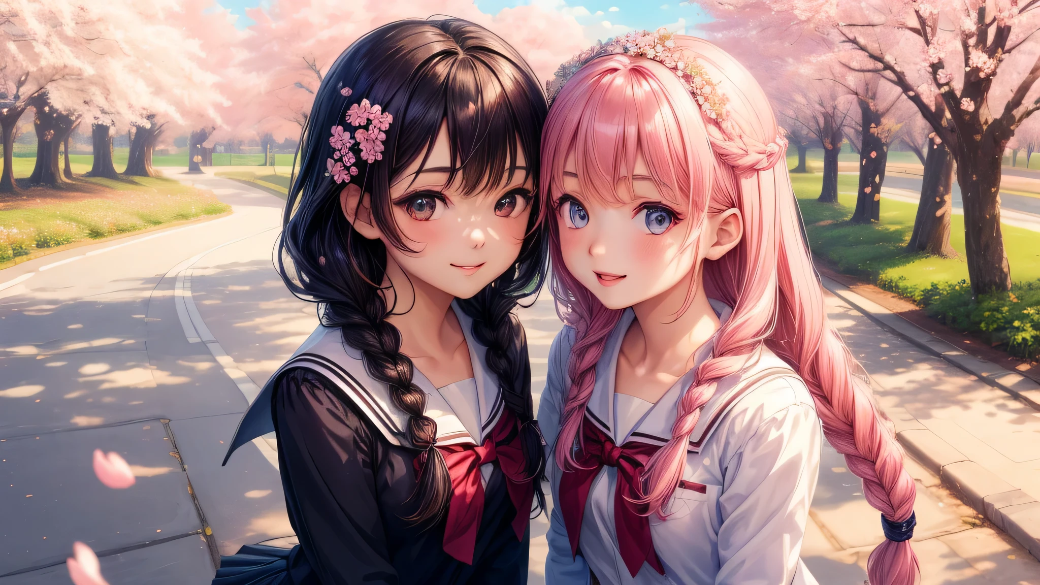(2 girls:1.2), cute face, shining smile, twin braids, (school uniform, mini skirt:1.2), (highest quality: 1.4), (Super detailed), (highest quality:1.4), (super detailed), (cherry blossomsのトンネル in full bloom, cherry blossomsのトンネル), road, Day光, cherry blossoms, cherry blossoms, Sunny, cloud, Day, blue sky, (anime illustration), very high resolution, (Upper body), close up face