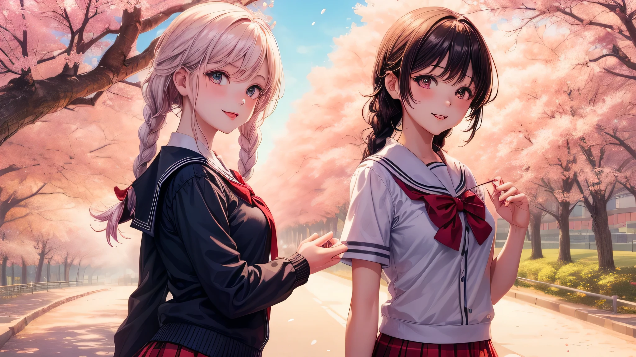 (2 girls:1.2), cute face, shining smile, twin braids, (school uniform, mini skirt:1.2), (highest quality: 1.4), (Super detailed), (highest quality:1.4), (super detailed), (cherry blossomsのトンネル in full bloom, cherry blossomsのトンネル), road, Day光, cherry blossoms, cherry blossoms, Sunny, cloud, Day, blue sky, (anime illustration), very high resolution, (Upper body), close up face