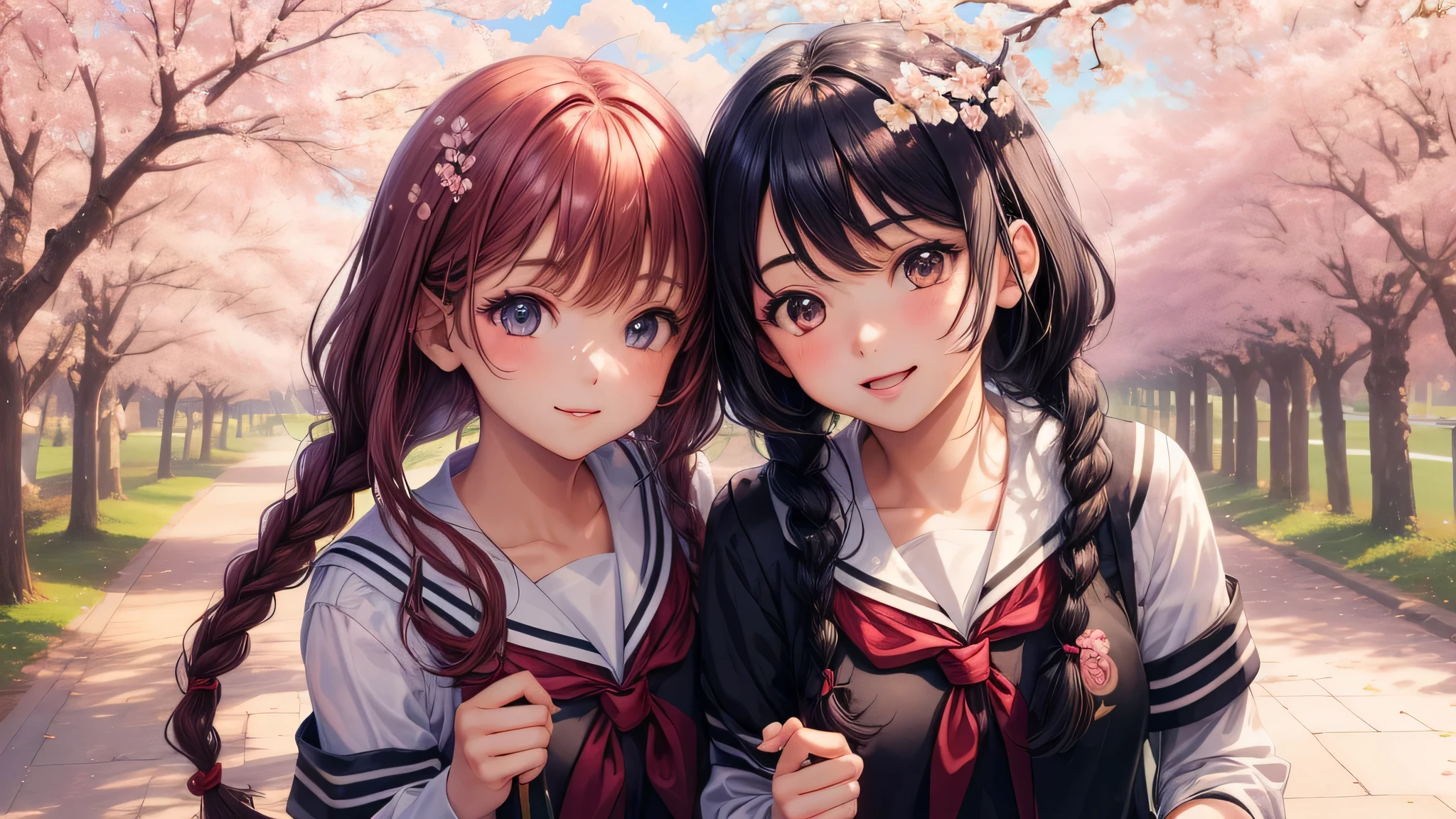 (2 girls:1.2), cute face, shining smile, twin braids, (school uniform, mini skirt:1.2), (highest quality: 1.4), (Super detailed), (highest quality:1.4), (super detailed), (cherry blossomsのトンネル in full bloom, cherry blossomsのトンネル), road, Day光, cherry blossoms, cherry blossoms, Sunny, cloud, Day, blue sky, (anime illustration), very high resolution, (Upper body), close up face