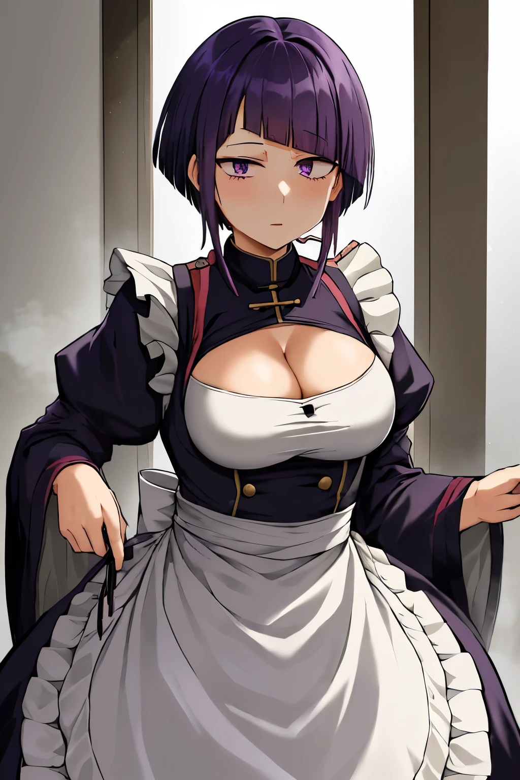 jirou kyouka, General, 1girl, alternate costume, apron, audio jack, black dress, breasts, cleavage, dress, enmaided, long earlobes, looking at viewer, maid, maid apron, purple eyes, purple hair, short hair, small breasts, solo, white apron, white background