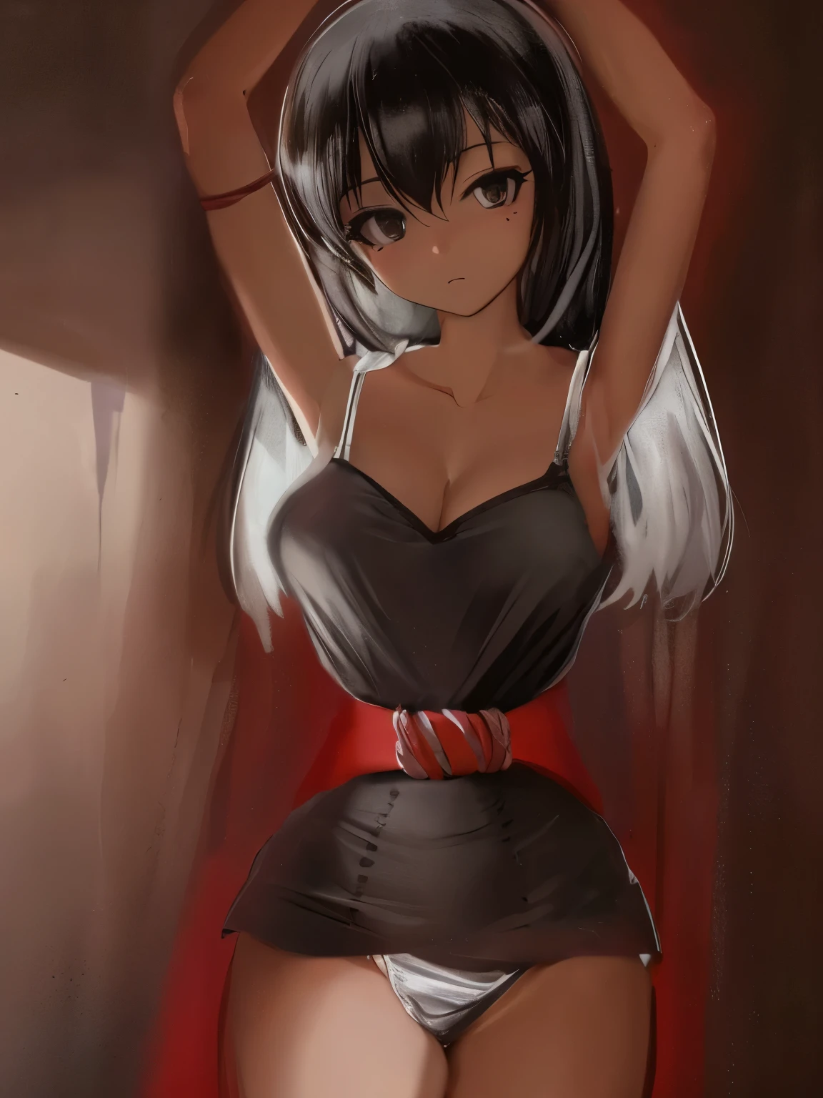 ((masterpiece)), ((highest quality)), (super detailed), torture room,(((rope strongly spueezing her waist))),pretty girl, 1 girl, alone,black camisole dress,beautiful black hair, (beautiful black eyes), long hair, expression of agony