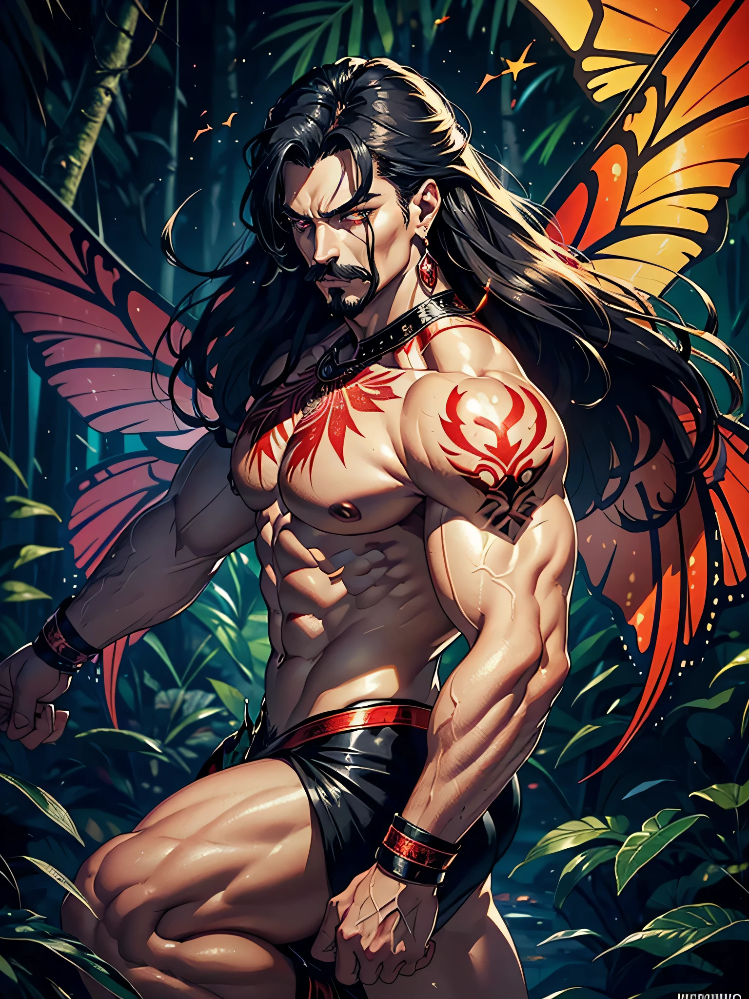 (((intricate design))) (((Top quality))) (((16K))) (((High Definition))) 16K splash art, high-res, ultra sharp, ((masterpiece)), the best quality, expressive eyes, perfect face, Super eyes, perfectly detailed anatomy, (((ripped pecs))) (((Volumetric lighting))) (((natural light))) (((dark shadows))) (((fluorescent lights))) (((1male))) (((muscular))) (((bodybuilder))) (((broad shoulders))) large bulge (((Asian Man))) (((red shimmering butterfly wings))) powerful warrior, Black straight long hair, red eyes, in the rainforest, glitter, sparkles, fire, flying, fairy magic, flying, glossy skin, coloured tattoos, earrings, royalty, shimmer, delicate, beautiful, red shimmering translucent suit, black boots, jewellery, scary, intimating, angry, enraged, moustache, metallic,