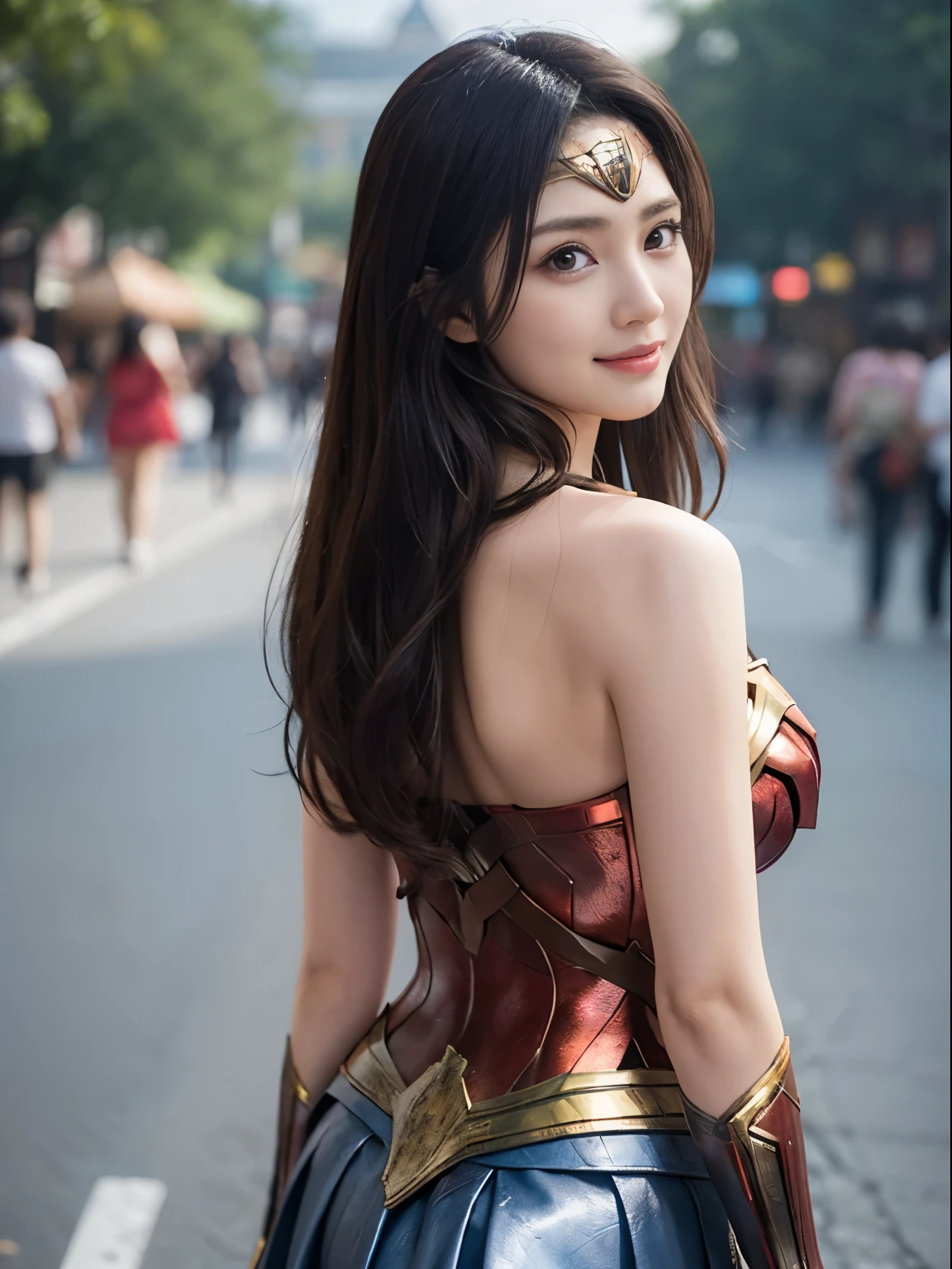 From the back,(cute face、Big eyes、long brown hair,(masterpiece)、super detailed、(highest quality:1.0)、( (NSFW))、 Smile,skirt、that woman is wonder woman、perfect wonder woman costume,Upper body,amusement park