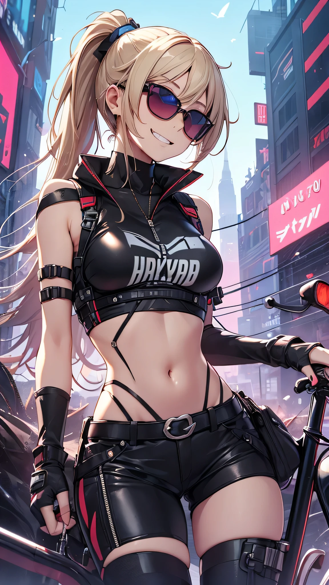 最high quality、best image quality、masterpiece、girl((20-year-old、 By becoming、vest bust、medium bust,wide open breast tea、shining eyes, blonde、long hair、thin,highest valley、ponytail、action of looking up、right arm bandage、Sportswear with a wide open chest、berry shorts、cool pose、holding a black smartphone、Cyber Sunglasses、ride a tourer bike、grin and laugh、forward leaning movement)),high quality、beautiful art、background((The road to the near future))、Flight、debris flies、Depth of written boundary、movie、visual art、perfect art、8k,genuine、