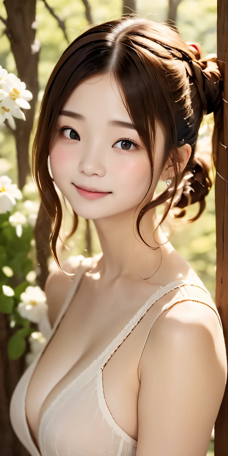 pretty girl, (ash blonde hair), ((very bun hair)), perfect face, innocent smile, Upper body,(Cerulean Eyes), (yan), (), (thin), ((flat chest)), ((16 only)), skin dents, extreme details, attractive oval face, red lips, pink, Glossy skin, fine hair, face focus, close up of chest, luxurious hair ornament, gold earrings, ((1 girl)), embarrassed look,