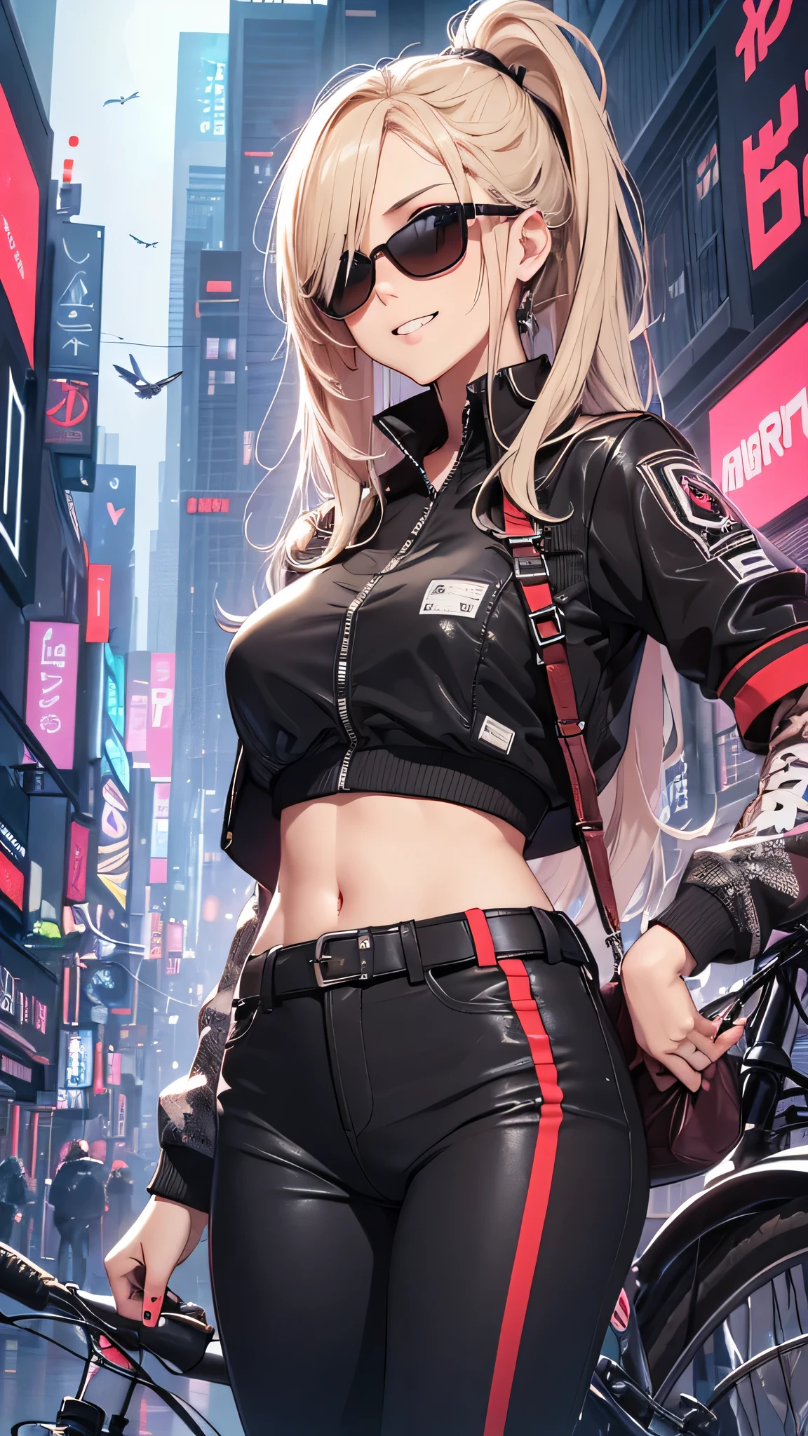 最high quality、best image quality、masterpiece、girl((20-year-old、 By becoming、vest bust、medium bust,wide open breast tea、shining eyes, blonde、long hair、thin,highest valley、ponytail、action of looking up、right arm bandage、Black shirt with wide open chest、berry shorts、cool pose、holding a black smartphone、Cyber Sunglasses、ride a tourer bike、grin and laugh)),high quality、beautiful art、background((cyberpunk city、punk house))、Flight、debris flies、Depth of written boundary、movie、visual art、perfect art、8k,genuine、