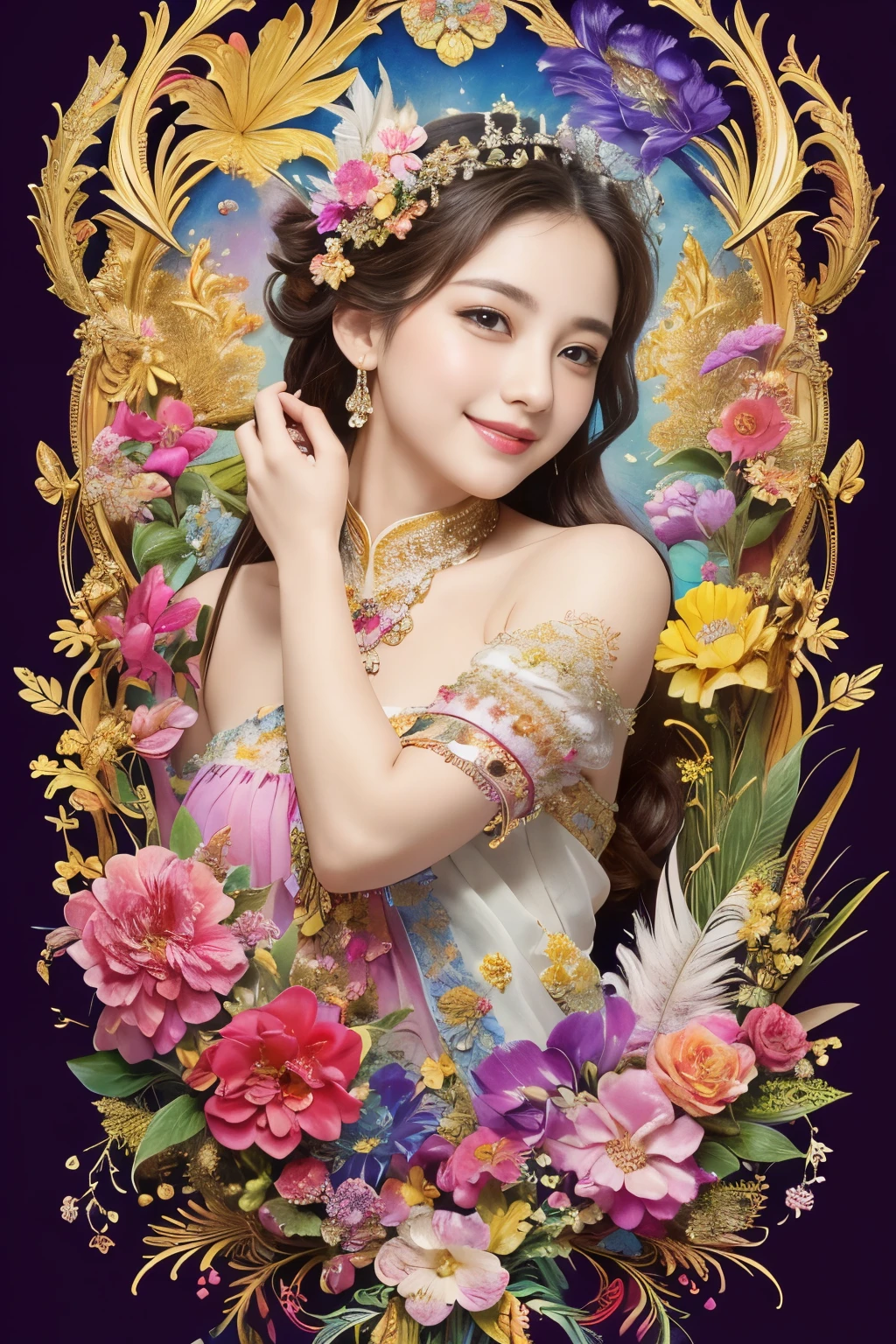 (masterpiece、highest quality、highest quality、official art、beautiful beautiful:1.2)、(1 girl)、very detailed、(fractal art:1.3)、Colorful、most detailed,(Pose with movement:1.4)、Details Beautiful and delicate face、Beautiful details and delicate eyes、extremely fine-grained clarity, (symmetrical eyes:1.3),((natural smile)),Floral,feather