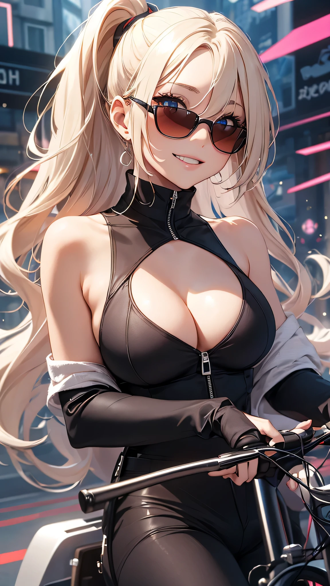 最high quality、best image quality、masterpiece、girl((20-year-old、 By becoming、vest bust、medium bust,wide open breast tea、shining eyes, blonde、long hair、thin,highest valley、ponytail、action of looking up、right arm bandage、Black shirt with wide open chest、berry shorts、cool pose、holding a black smartphone、Cyber Sunglasses、ride a tourer bike、grin and laugh)),high quality、beautiful art、background((The road to the near future))、Flight、debris flies、Depth of written boundary、movie、visual art、perfect art、8k,genuine、