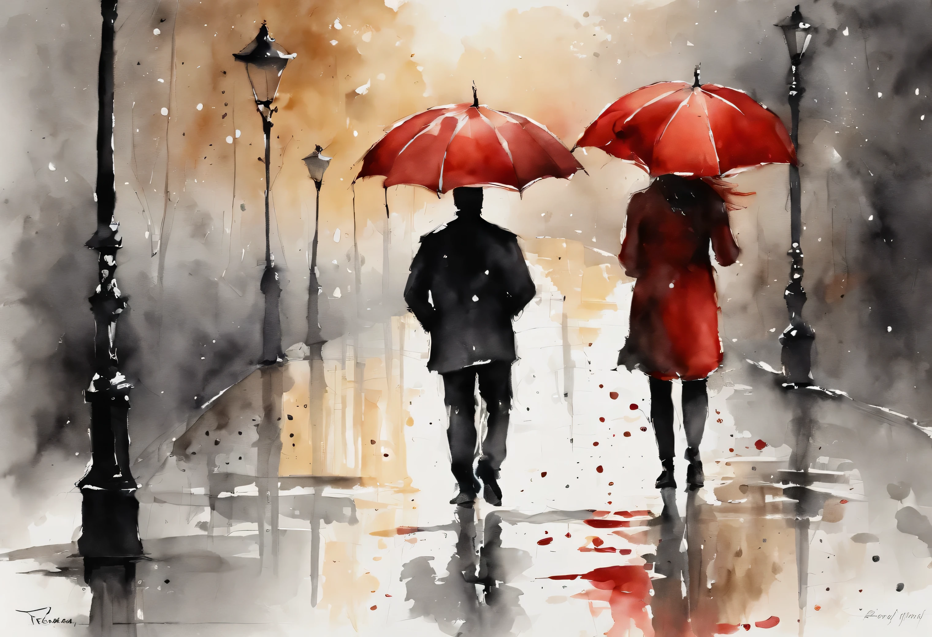 The image depicts a silhouette of a couple sharing a red umbrella and walking in the rain and is possibly a painting, sketch, drawing, or watercolor artwork, full body shape silhouette. It captures an outdoor scene on a street during rainy weather, light grey and beige colors only