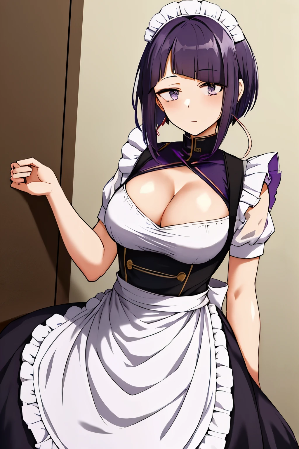 jirou kyouka, General, 1girl, alternate costume, apron, audio jack, black dress, breasts, cleavage, dress, enmaided, long earlobes, looking at viewer, maid, maid apron, purple eyes, purple hair, short hair, small breasts, solo, white apron, white background