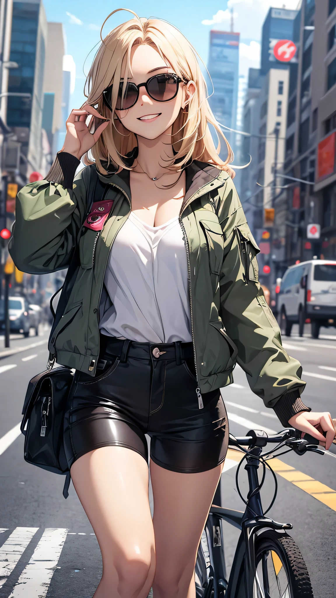 最high quality、best image quality、masterpiece、girl((20-year-old、 By becoming、vest bust、medium bust,wide open breast tea、shining eyes, blonde、long hair、thin,highest valley、ponytail、action of looking up、right arm bandage、Black shirt with wide open chest、berry shorts、cool pose、holding a black smartphone、Cyber Sunglasses、ride a tourer bike、grin and laugh)),high quality、beautiful art、background((The road to the near future))、Flight、debris flies、Depth of written boundary、movie、visual art、perfect art、8k,genuine、