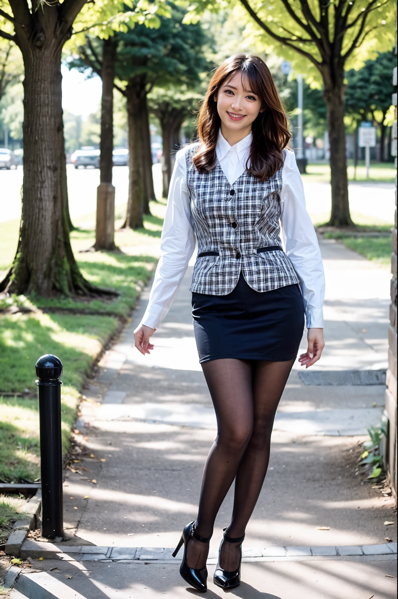 ulzzang-6500-v1.1, (RAW photo:1.2), (Photoreal), (genuine:1.4), (muste piece), １girl、perfect anatomy、48 years old、look at the camera、medium long hair、plaid vest、((walk in the park:1.1))、(super realistic pantyhose:1.2), (high heels)、(business services)、(full body shot:1.3)、(very kind smile:1.2)、
