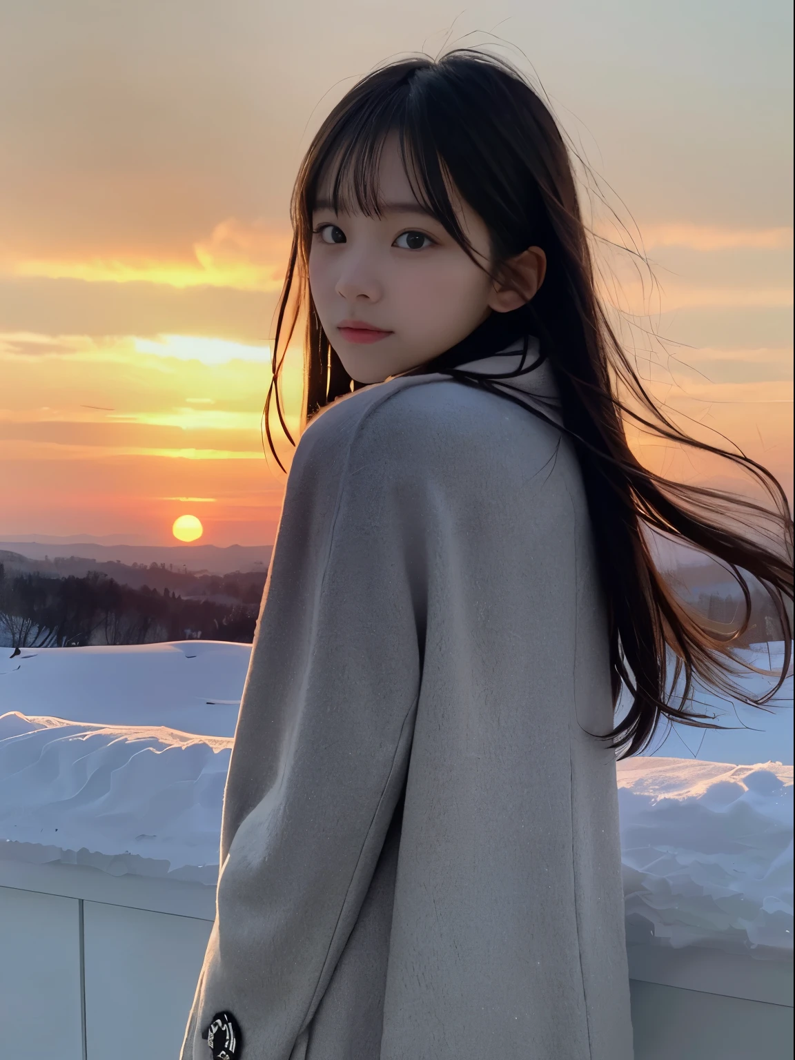 (Dressed in winter uniform with winter coat and scarf、Close up focus on the face of a slender girl with long hair with blunt bangs :1.5)、(A girl looking back with a sad face:1.5)、(Girl's hair fluttering in the wind:1.5)、(Beautiful snowy sunset red sky:1.5)、(perfect anatomy:1.3)、(no mask:1.3)、(full finger:1.3)、realistic、photograph、table top、highest quality、High resolution, delicate and beautiful、perfect face、detailed and beautiful eyes、Fair skin、real human skin、pores、((thin legs))、(black hair)