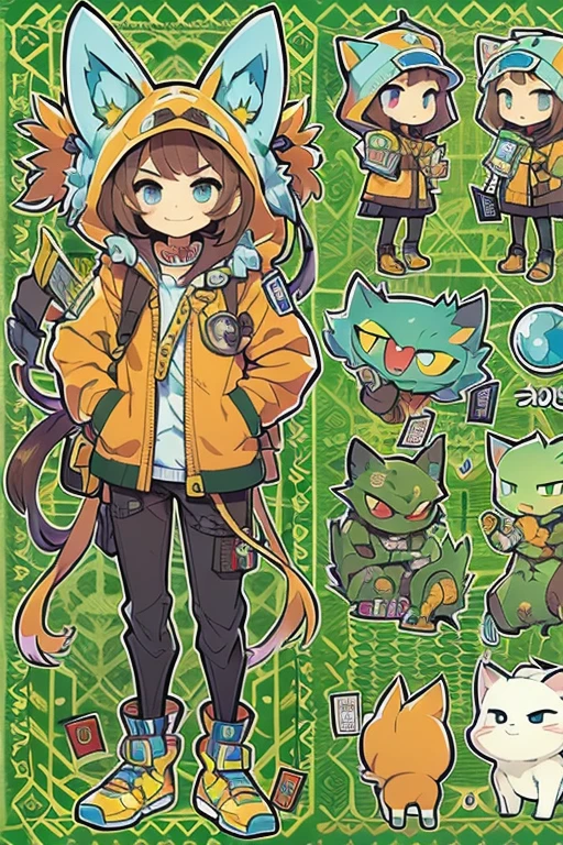 Boyish girl and creepy cute monster buddy、anime-like、Adventurer、A determined smile、Brown hair with light blue mesh、Monocle with analytical ability、Sporty、Emblem with the Ouroboros ring motif、cap with cat ears、He is equipped with a mechanical gauntlet on his right hand.、orange hoodie、Knee guard、lace up boots、One Shoulder Bag、16 years old。character design sheet、The monster is inspired by Giger.、ExpeditionStyle、Monster is mshn robo style、Card game style