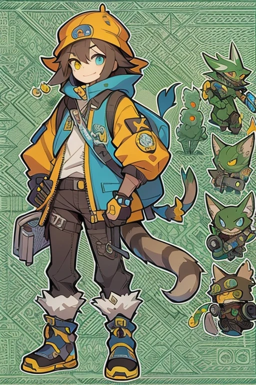 Boyish girl and creepy cute monster buddy、anime-like、Adventurer、A determined smile、Brown hair with light blue mesh、Monocle with analytical ability、Sporty、Emblem with the Ouroboros ring motif、cap with cat ears、He is equipped with a mechanical gauntlet on his right hand.、orange hoodie、Knee guard、lace up boots、One Shoulder Bag、。character design sheet、The monster is inspired by Giger.、ExpeditionStyle、Monster is mshn robo style、Card game style