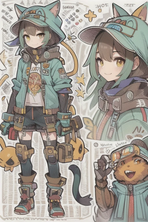 Boyish girl and creepy cute monster buddy、anime-like、Adventurer、A determined smile、Brown hair with light blue mesh、Monocle with analytical ability、Sporty、Emblem with the Ouroboros ring motif、cap with cat ears、He is equipped with a mechanical gauntlet on his right hand.、orange hoodie、Knee guard、lace up boots、One Shoulder Bag、************。character design sheet、The monster is inspired by Giger.、ExpeditionStyle、Monster is mshn robo style、Card game style